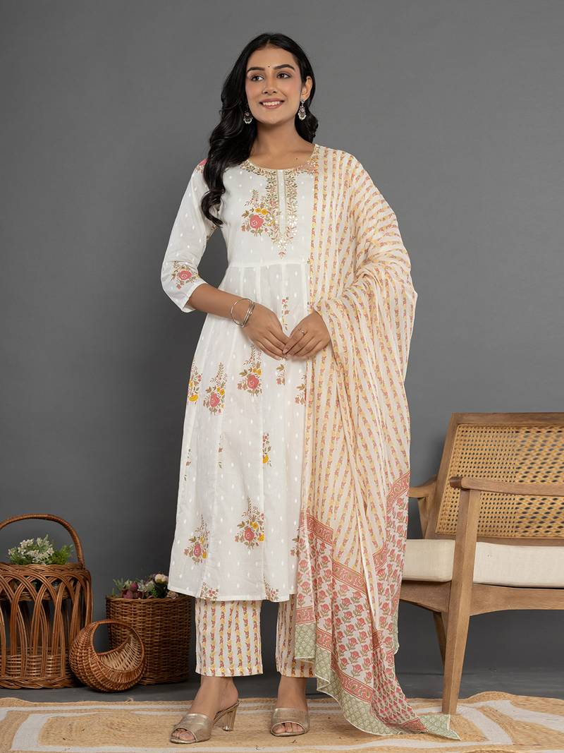White Three Piece Kurtha with Floral Print and Embroidered Detail for Casual Wear Anarkali Suit Online USA