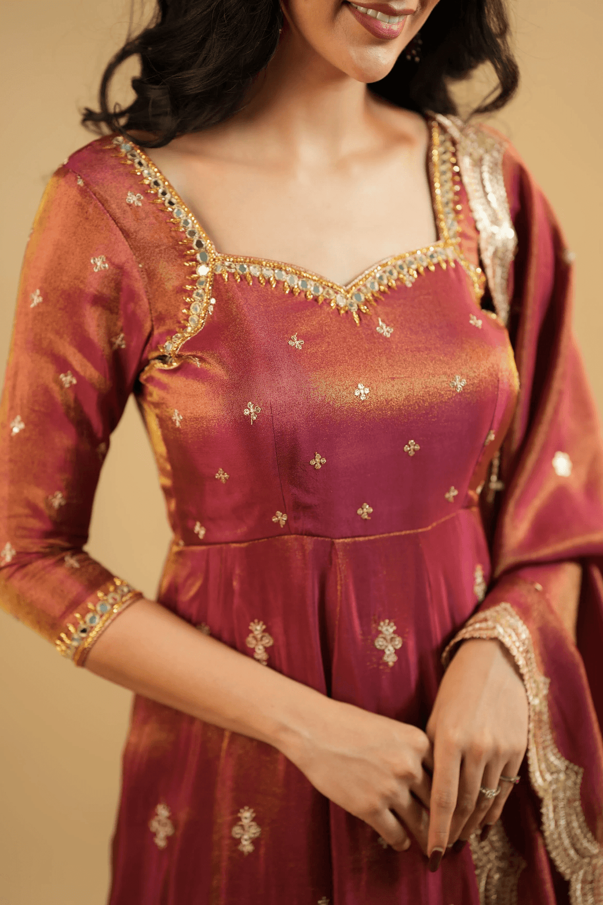 Elegant three piece Kurtha in burgundy with intricate embroidery, ideal for anarkali suit set Canada