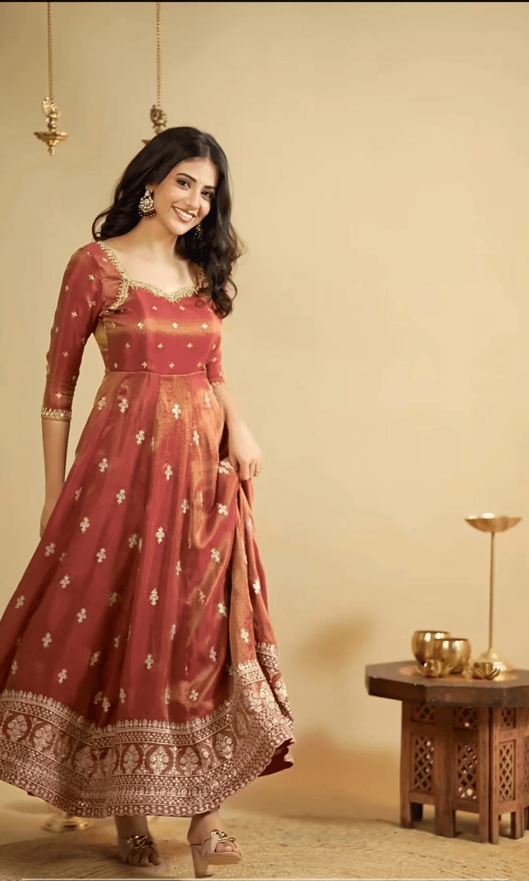 Aromie Three Piece Anarkali Suit Set Canada in warm tones with intricate gold embroidery and flowing design