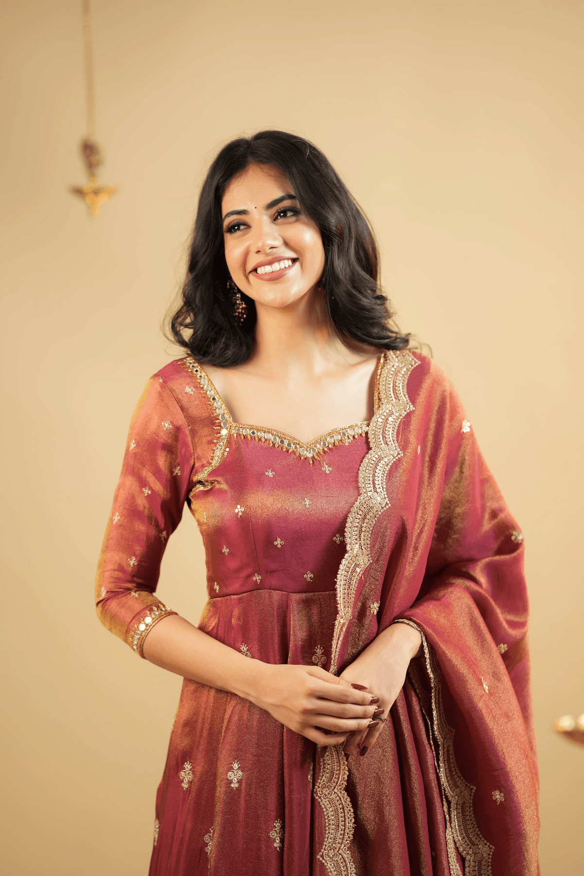 Aromie Anarkali suit set Canada in rich maroon with intricate detailing and elegant dupatta