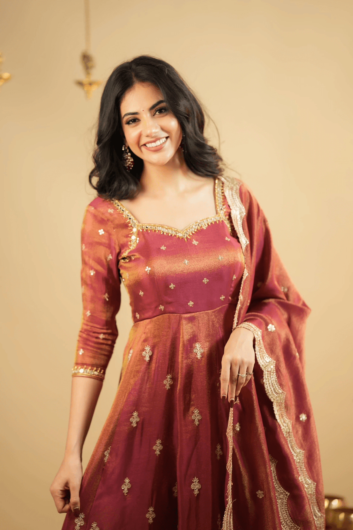 Elegant three piece Anarkali suit set Canada in rich maroon with intricate gold detailing and matching dupatta