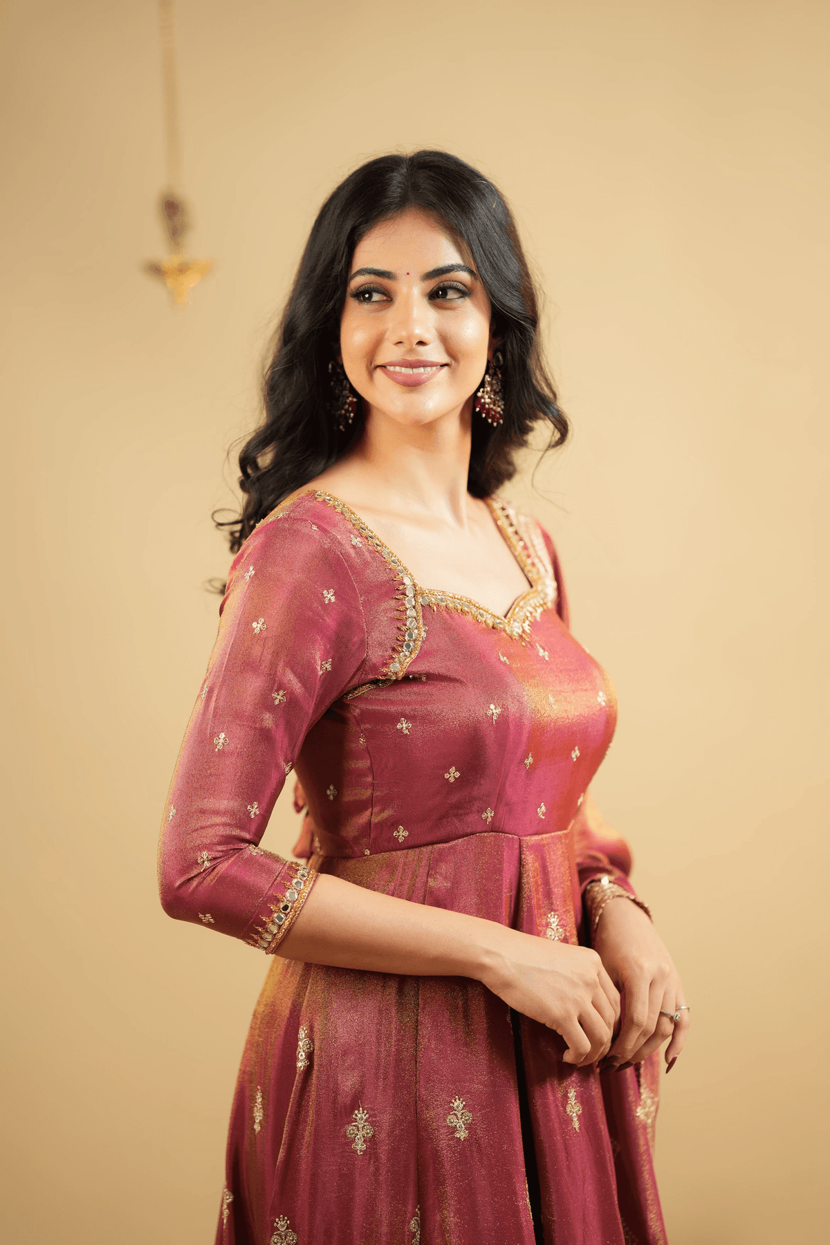 Elegant three piece Anarkali suit set Canada in rich maroon with intricate gold detailing