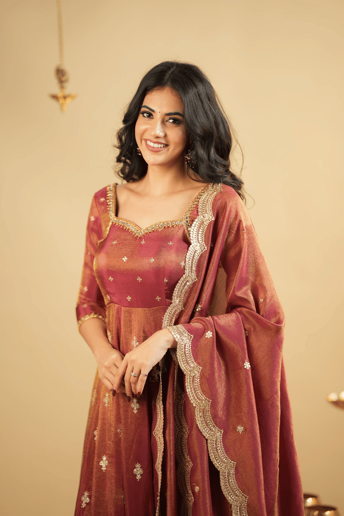 Aromie three-piece Anarkali suit set Canada in maroon with elegant embroidery and a matching dupatta