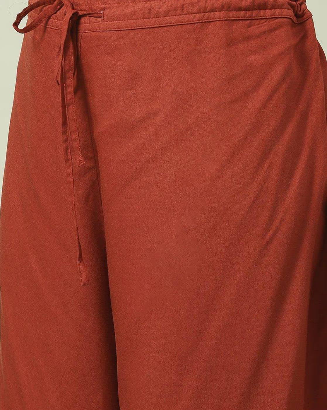 Detail view of a rust-colored cotton Angrakha Anarkali Kurta Set USA Canada, perfect for festive occasions