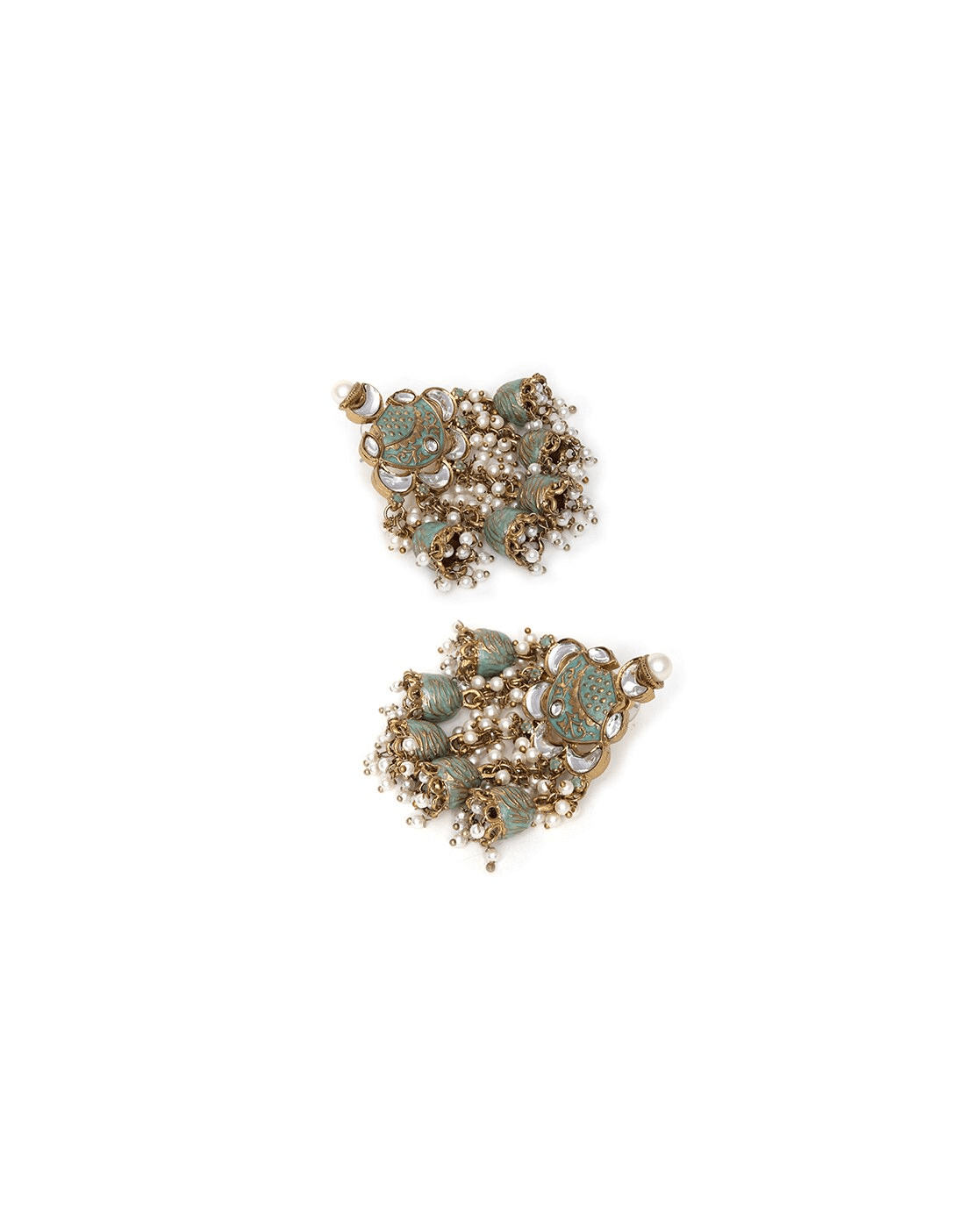 Aromie gold plated pearl dangler earrings ornate vintage style with green enamel and clustered pearls for wedding or festive wear