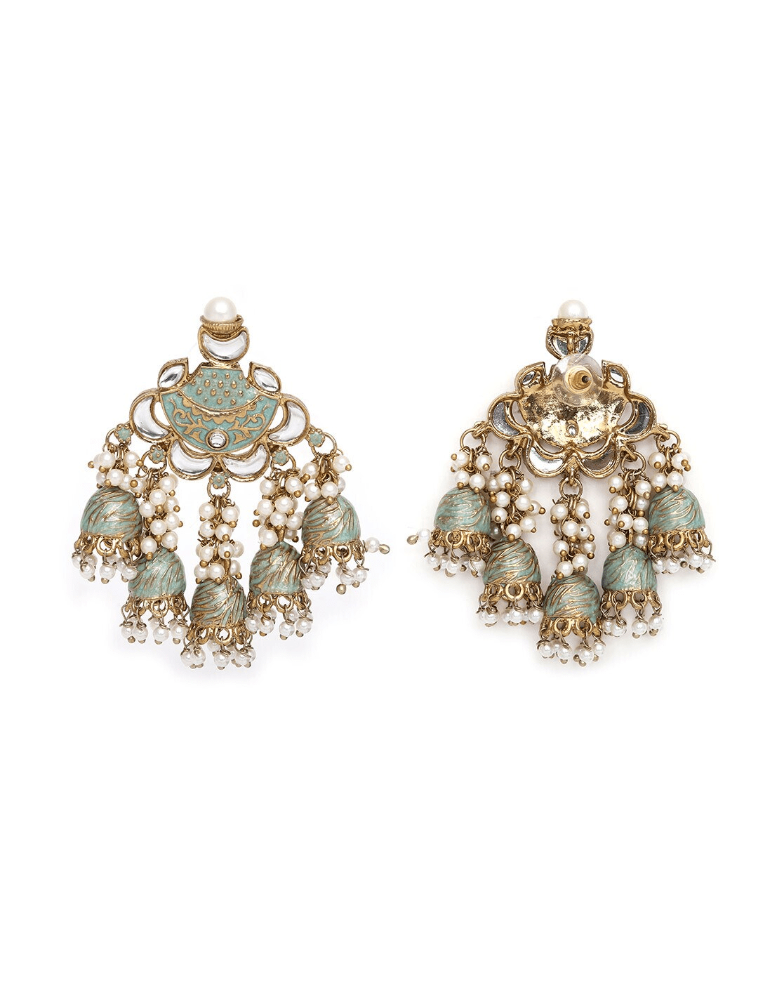 aromie gold plated pearl dangler earrings ornate floral jhumka design with turquoise enamel and pearls