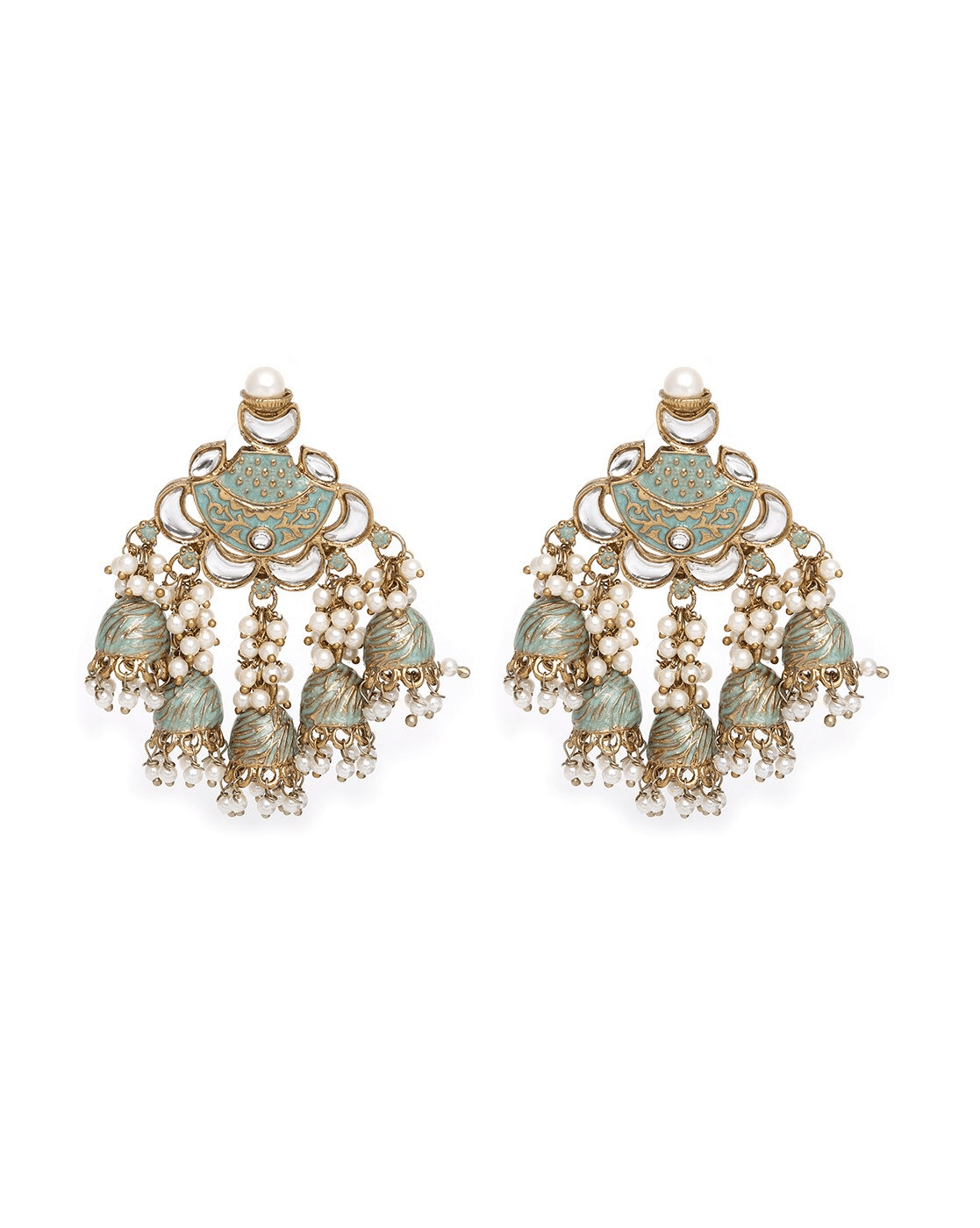 aromie gold plated pearl dangler earrings pastel green enamel jhumka chandelier style pair