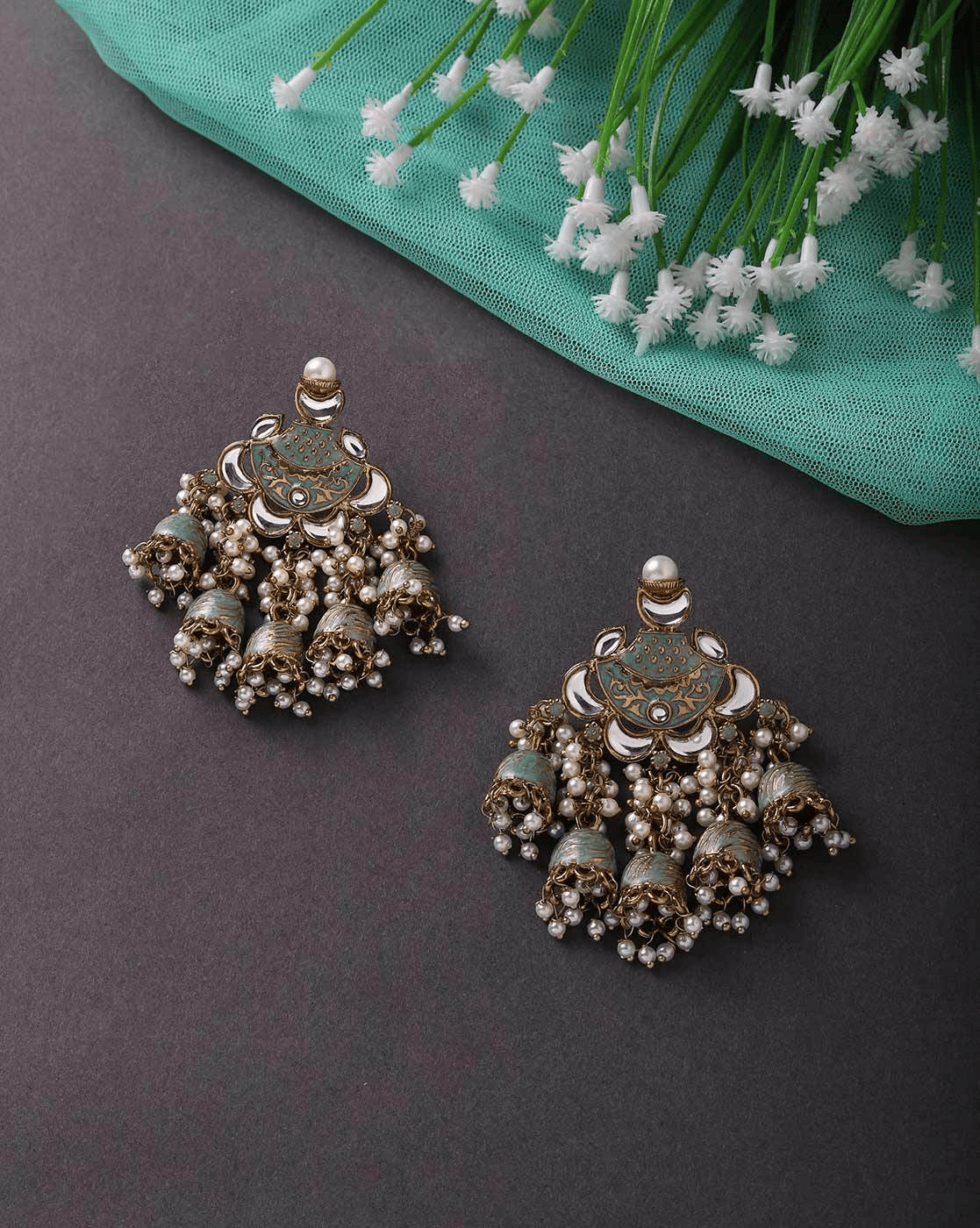 Aromie gold plated pearl dangler earrings ornate jhumka style with green enamel and clustered pearls