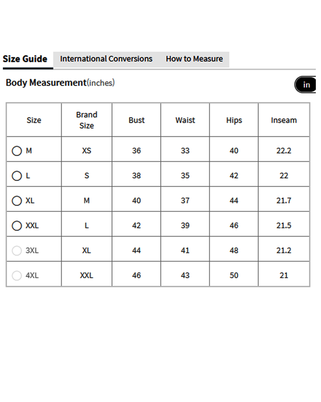 aromie sleeveless cotton peplum top size guide chart showing bust waist hips inseam measurements in inches