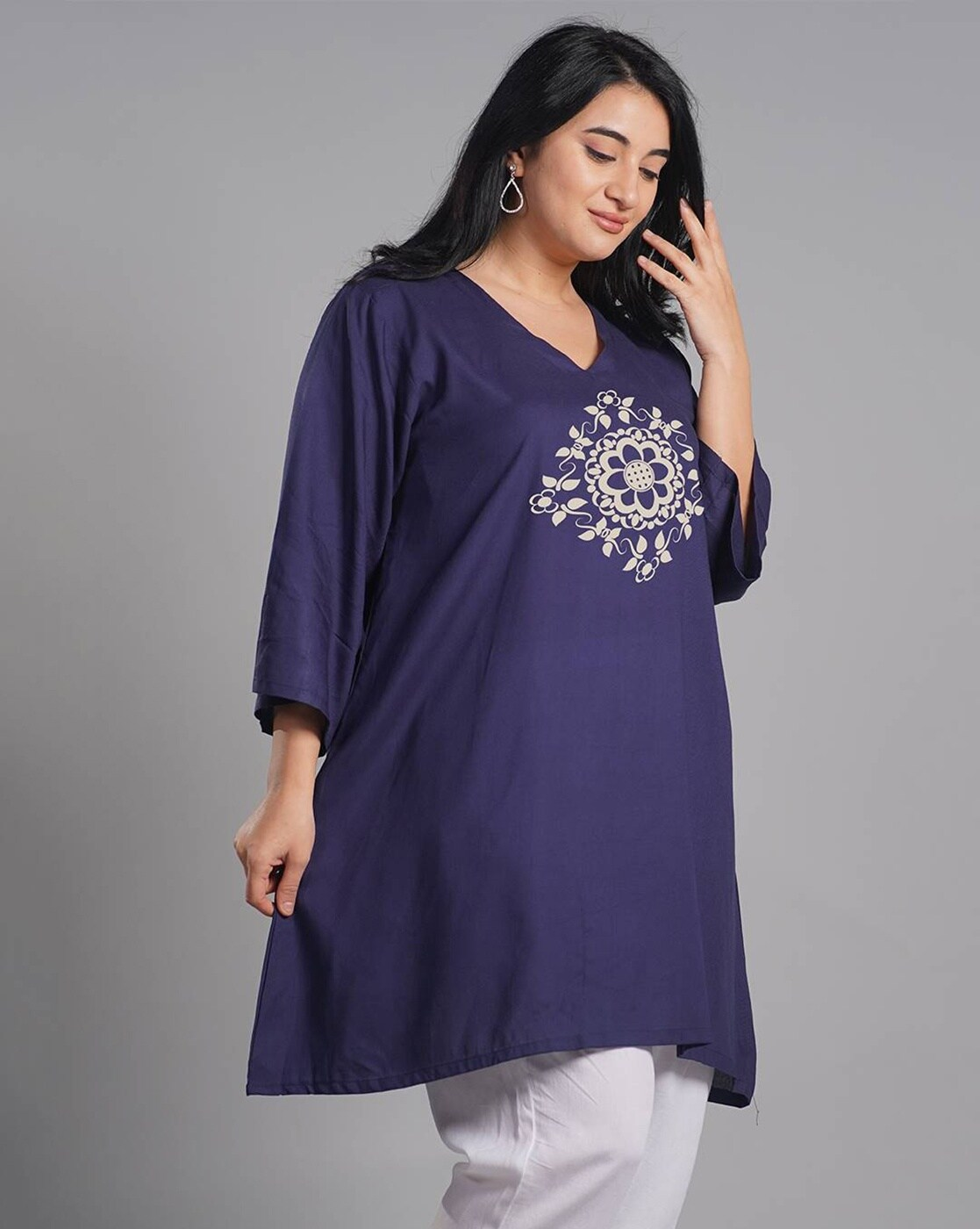 aromie Embroidered V-Neck Top Women navy purple tunic with white floral chest embroidery and three quarter sleeves