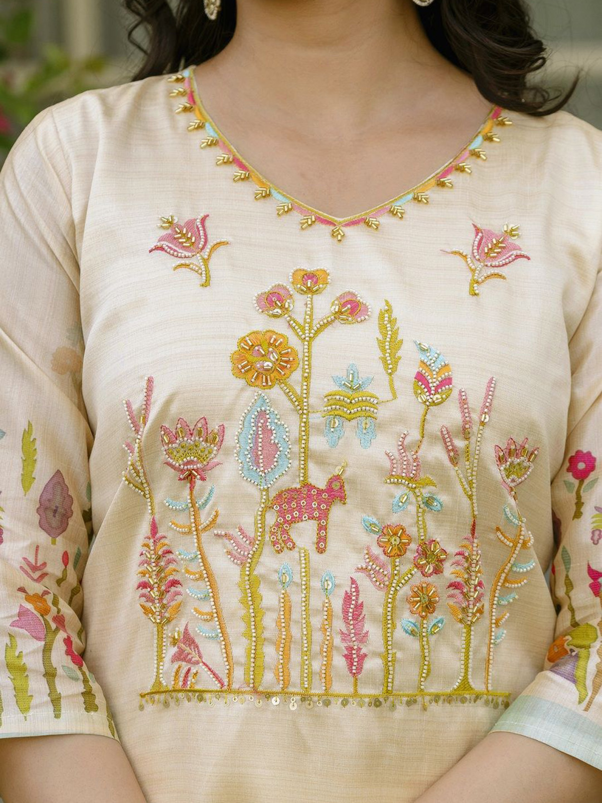 Aromie three piece orchid floral embroidered kurta set in cream with pastel floral motifs and V neck