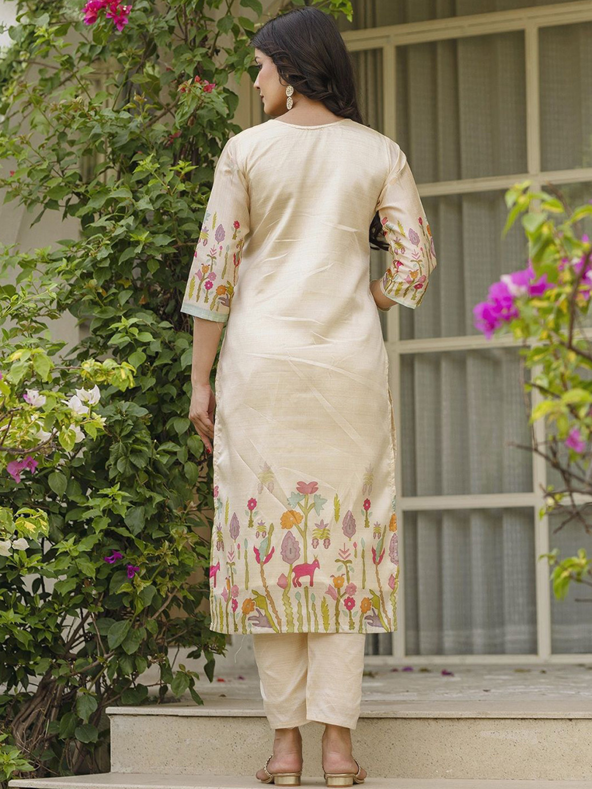 Back view aromie three piece kurta outfit beige orchid floral embroidered kurta set with matching pants