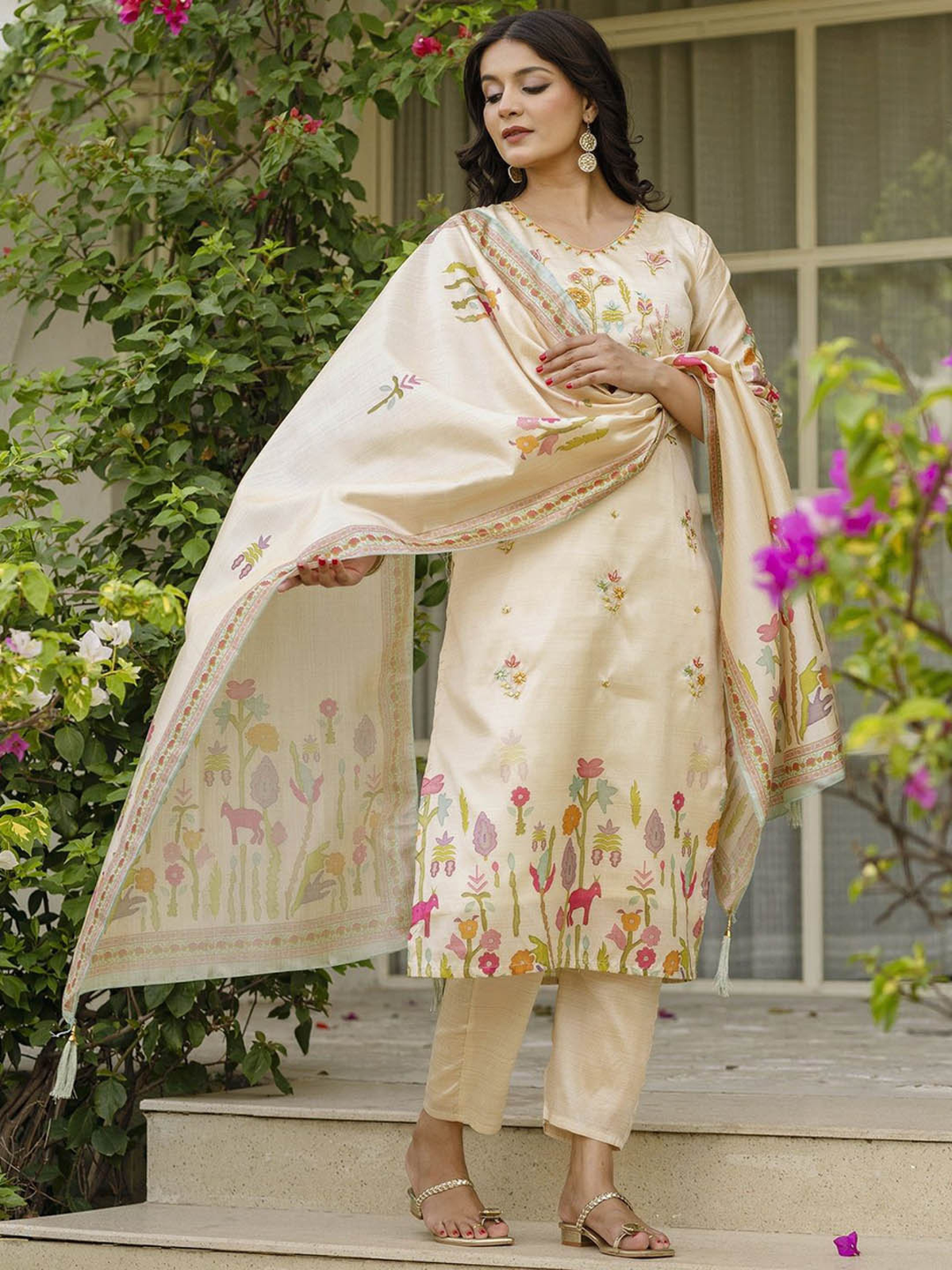 Aromie three piece orchid floral embroidered kurta set in cream with pastel floral embroidery and dupatta