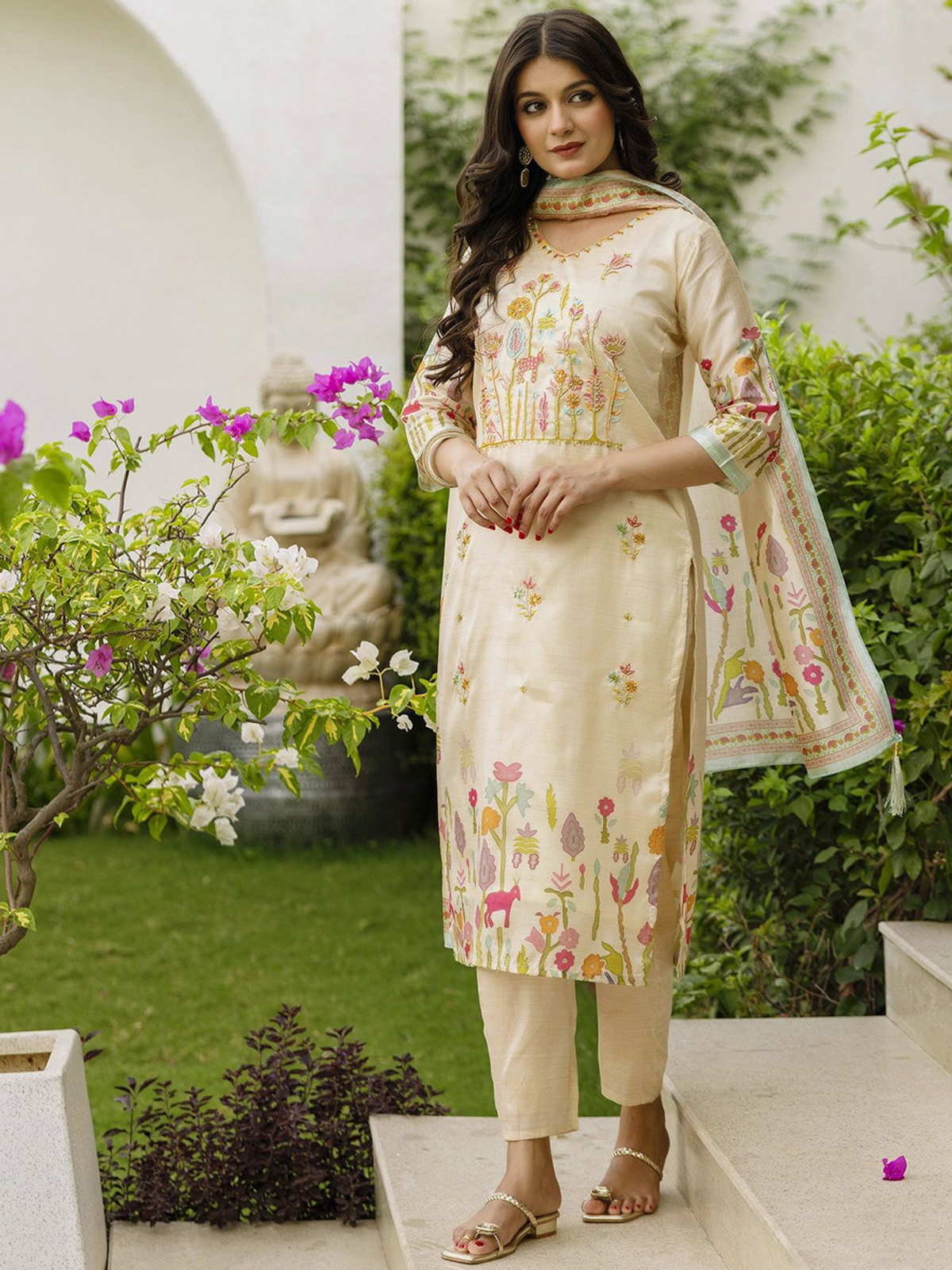 Aromie three piece orchid floral embroidered kurta set in cream with botanical embroidery and matching dupatta
