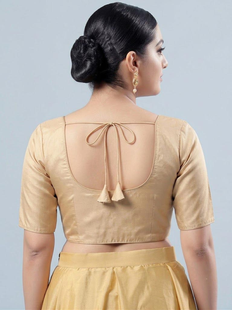 Gold Plain Saree Blouse with Elbow Sleeves