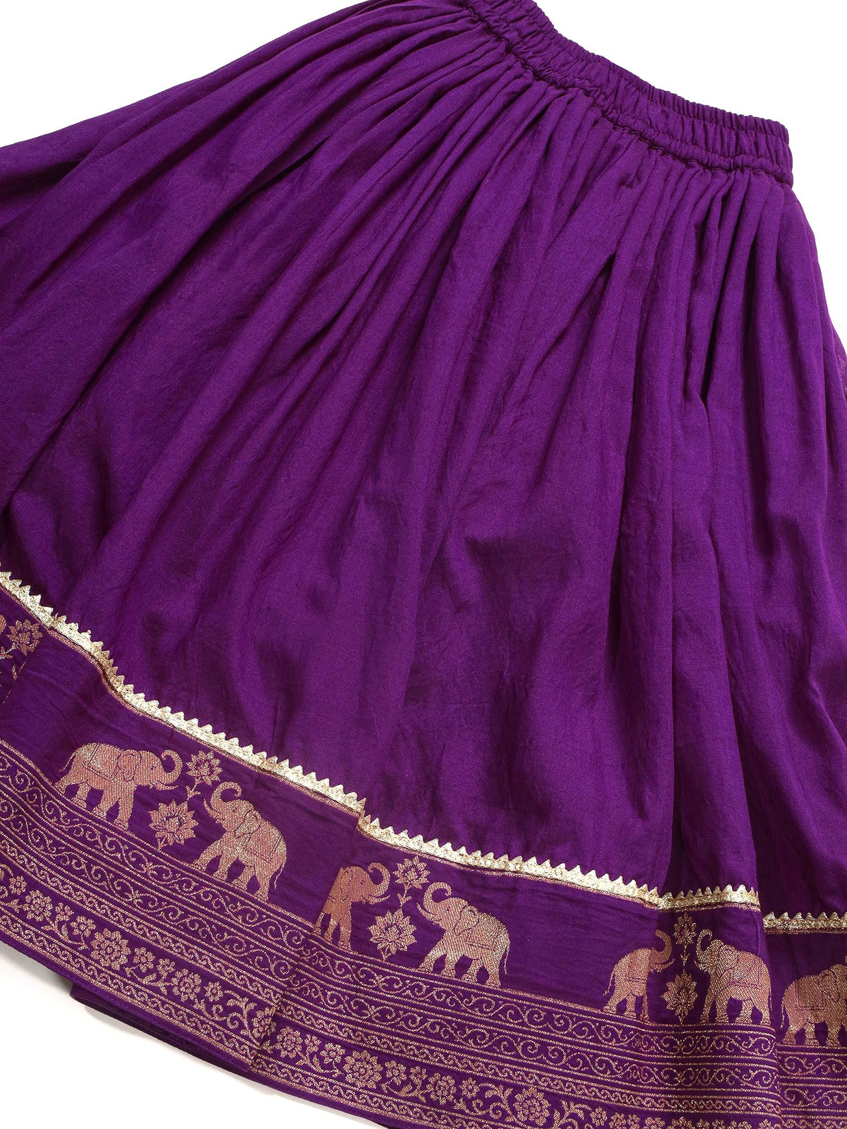 Purple Elephant Zari Embroidery Chanderi Cotton Lehenga with Stitched Yellow Blouse Set