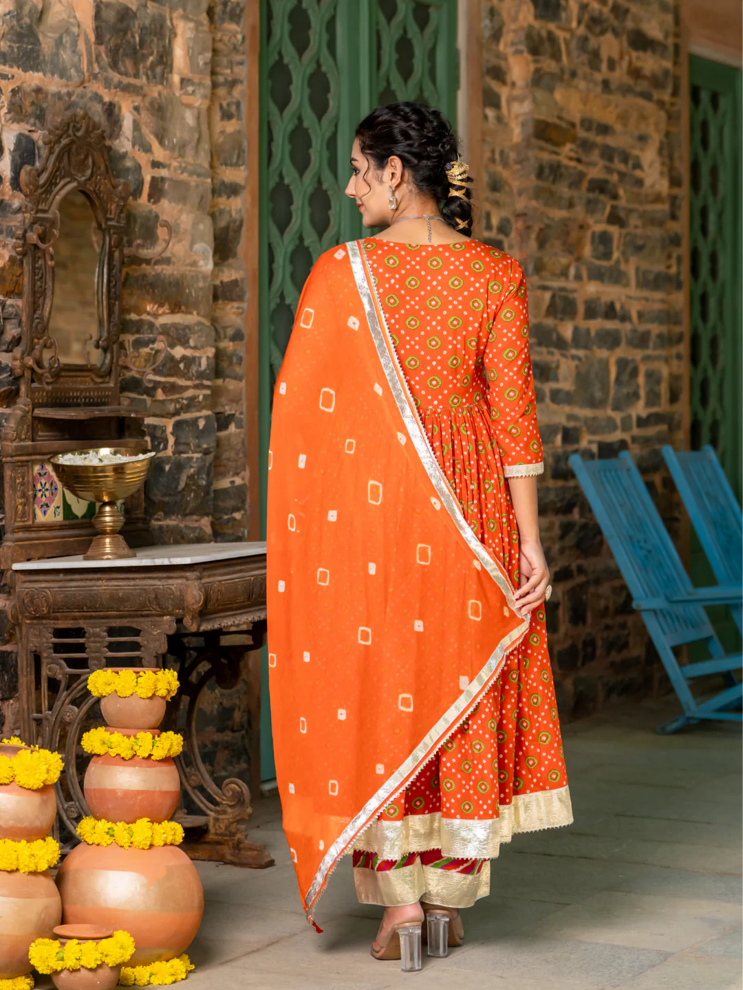 Orange Cotton Festive Suit Set with Palazzo & Dupatta