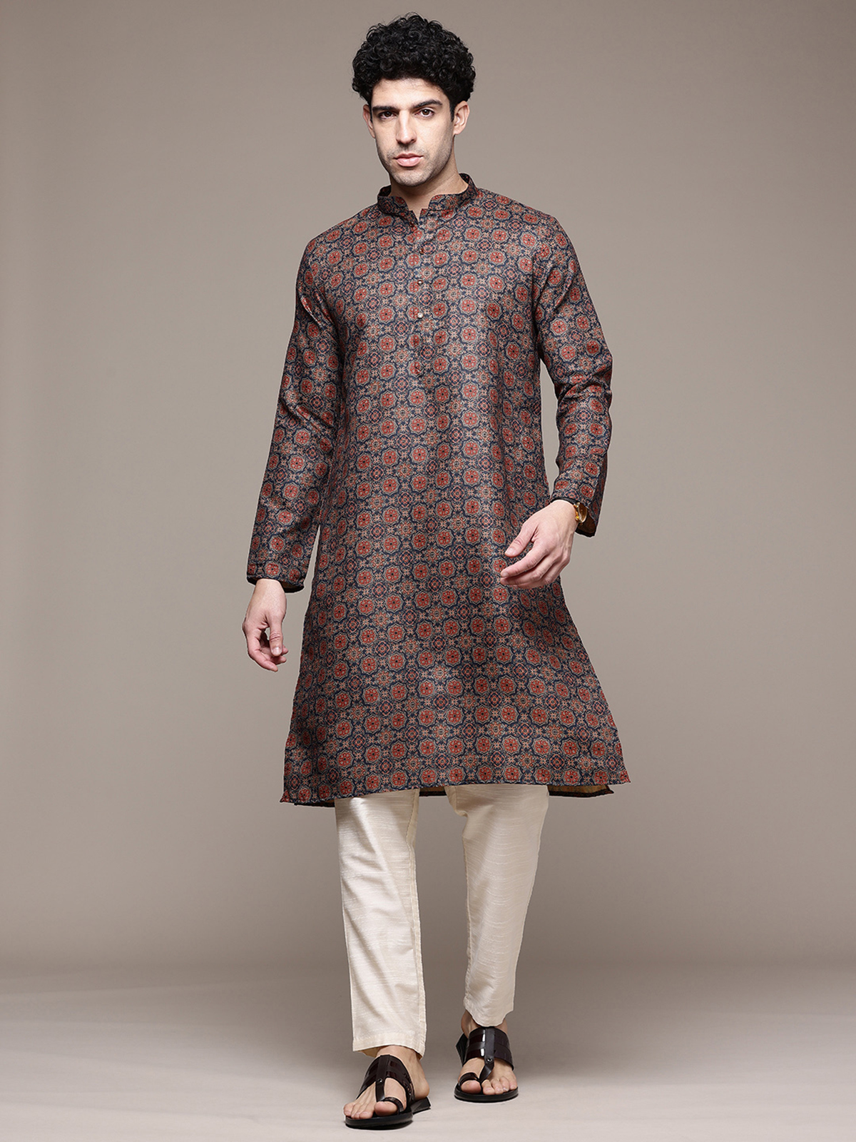 Men’s Navy Blue & Rust Printed Cotton Blend Kurta AROMIE | Affordable Indian Clothes & Dresses in Canada