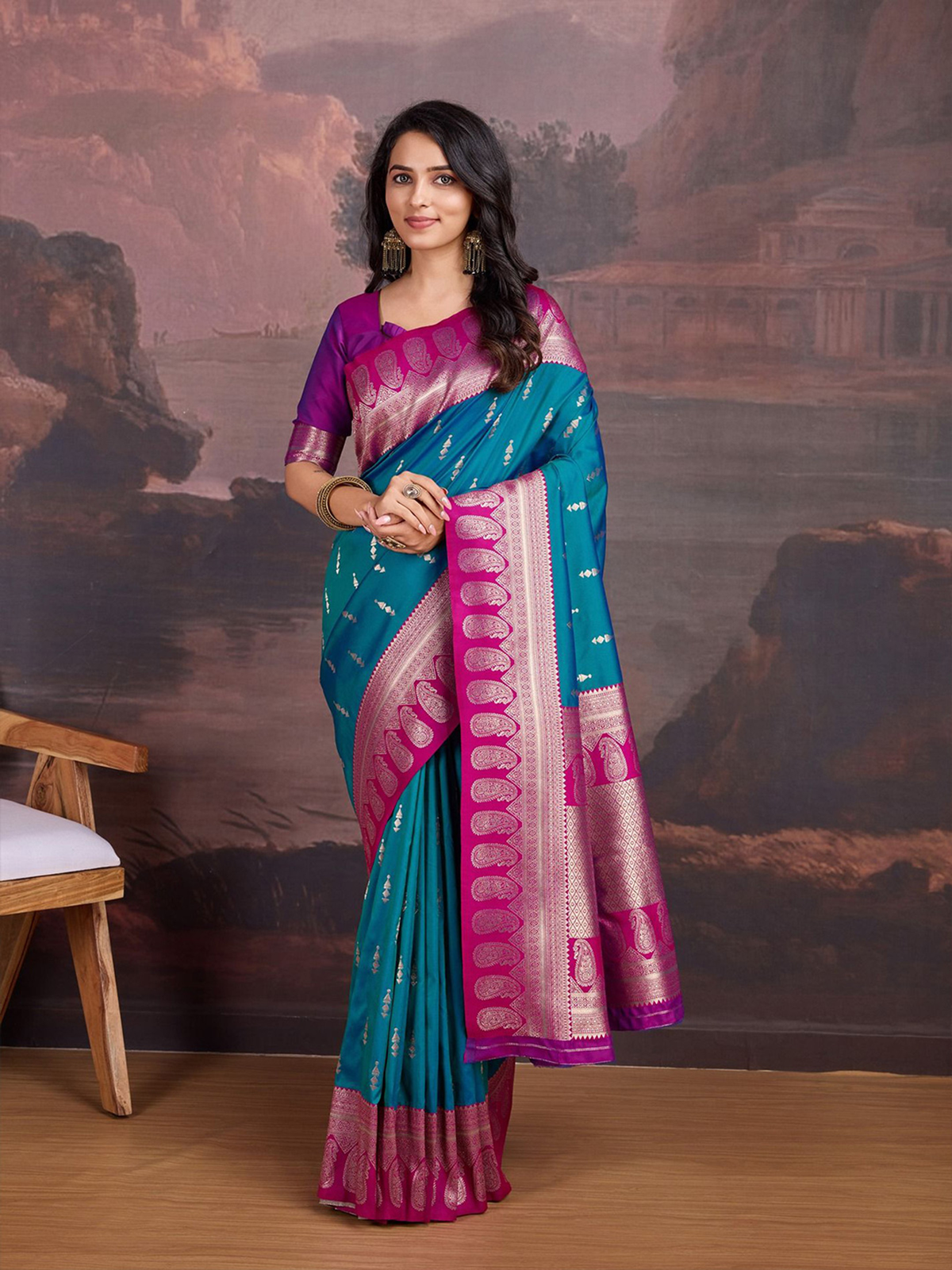 Turquoise Blue & Purple Banarasi Silk Blend Saree with Woven Border