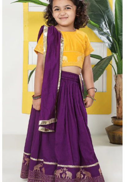 Purple Elephant Zari Embroidery Chanderi Cotton Lehenga with Stitched Yellow Blouse Set