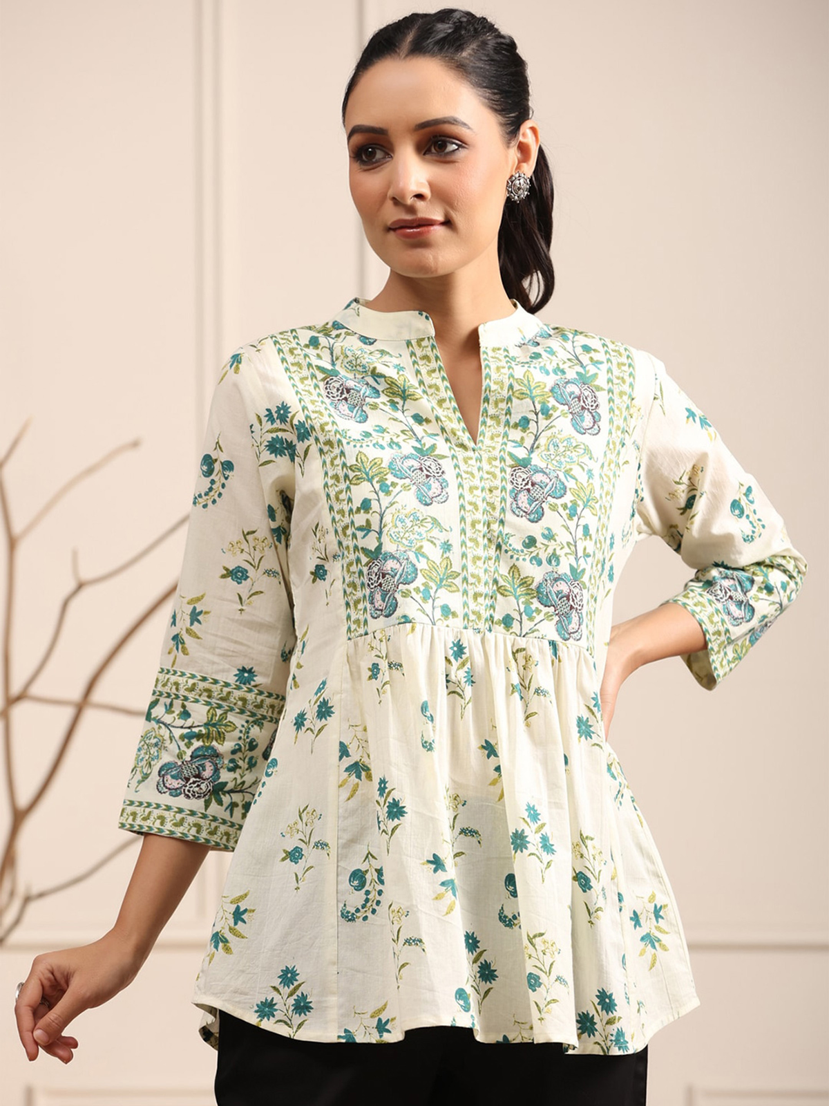 Women’s Cream & Green Floral Print Cotton A-Line Kurti AROMIE.STORE