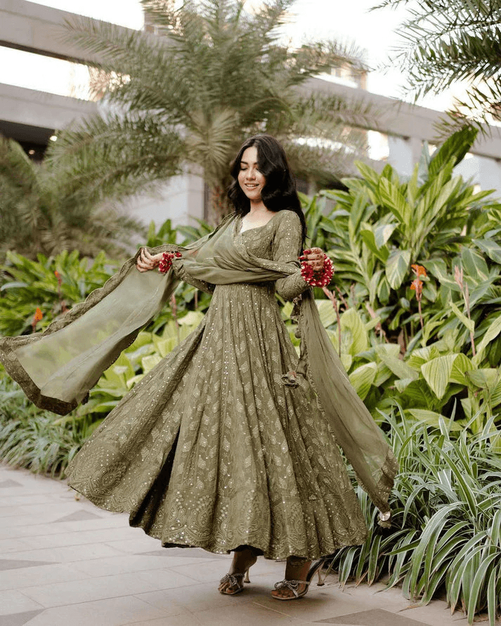 Mehndi Green Fox Georgette Gown