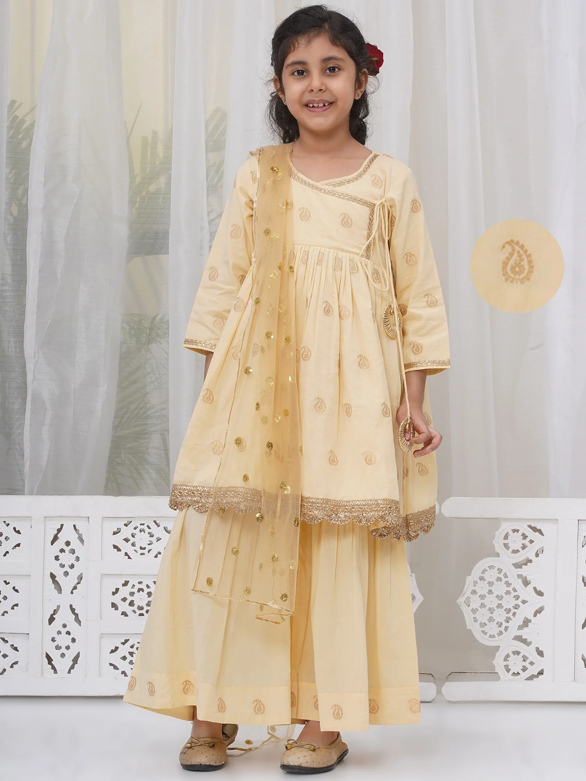Little Bansi Girls Cotton Three Fourth Sleeves Angrakha Kurta with Sharara and Net Dupatta with Paisley Design Zari Work- Dutch Cream