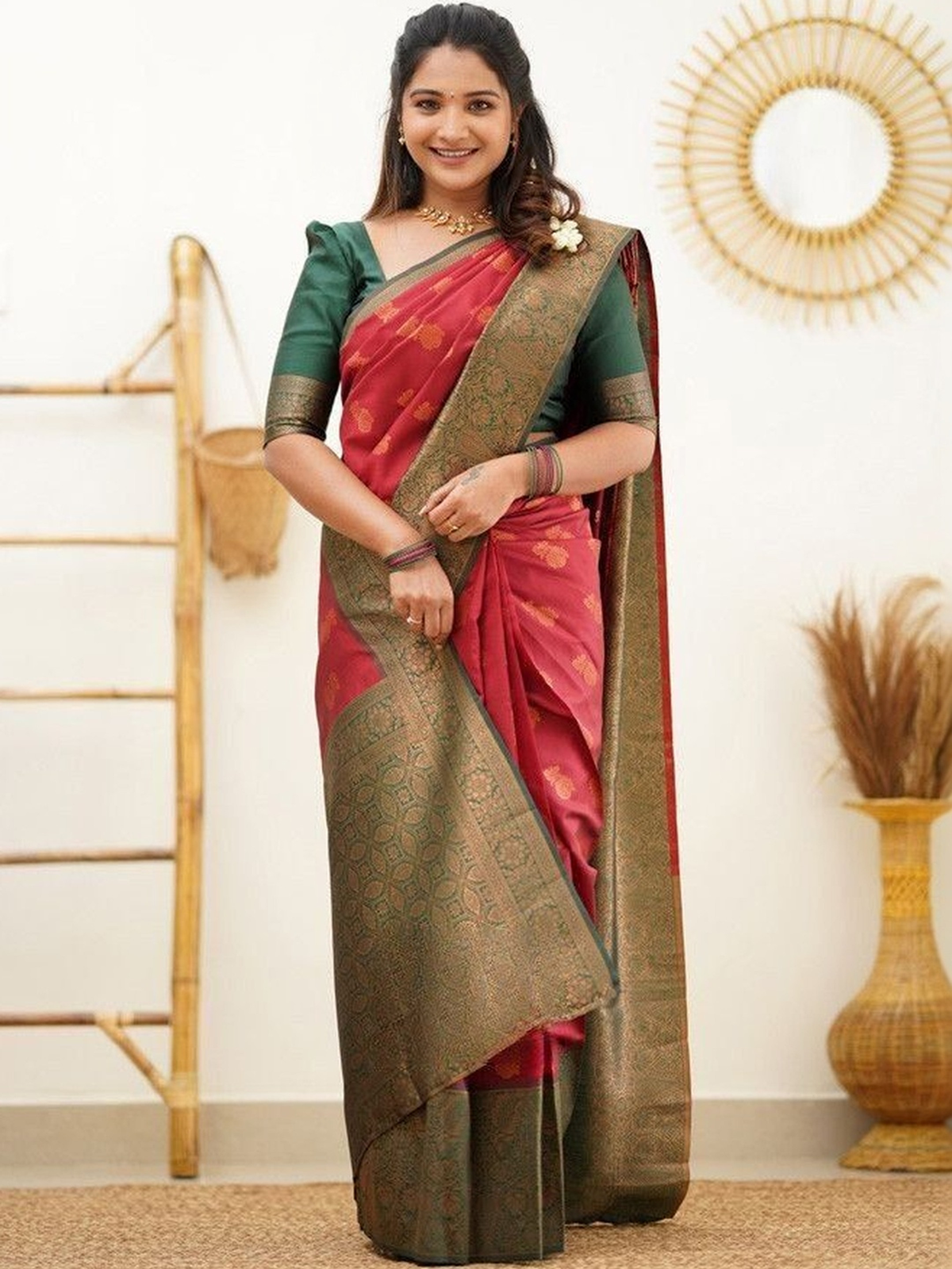 Red Banarasi Jacquard Silk Saree with Zari Woven Border