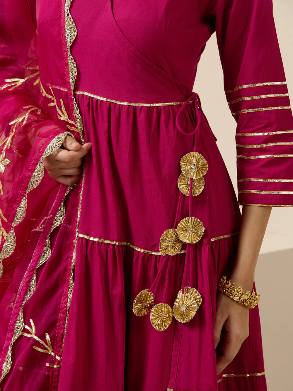 Pink Cotton Gotta Patti Angrakha Kurta Set With Straight Bottom And Dupatta