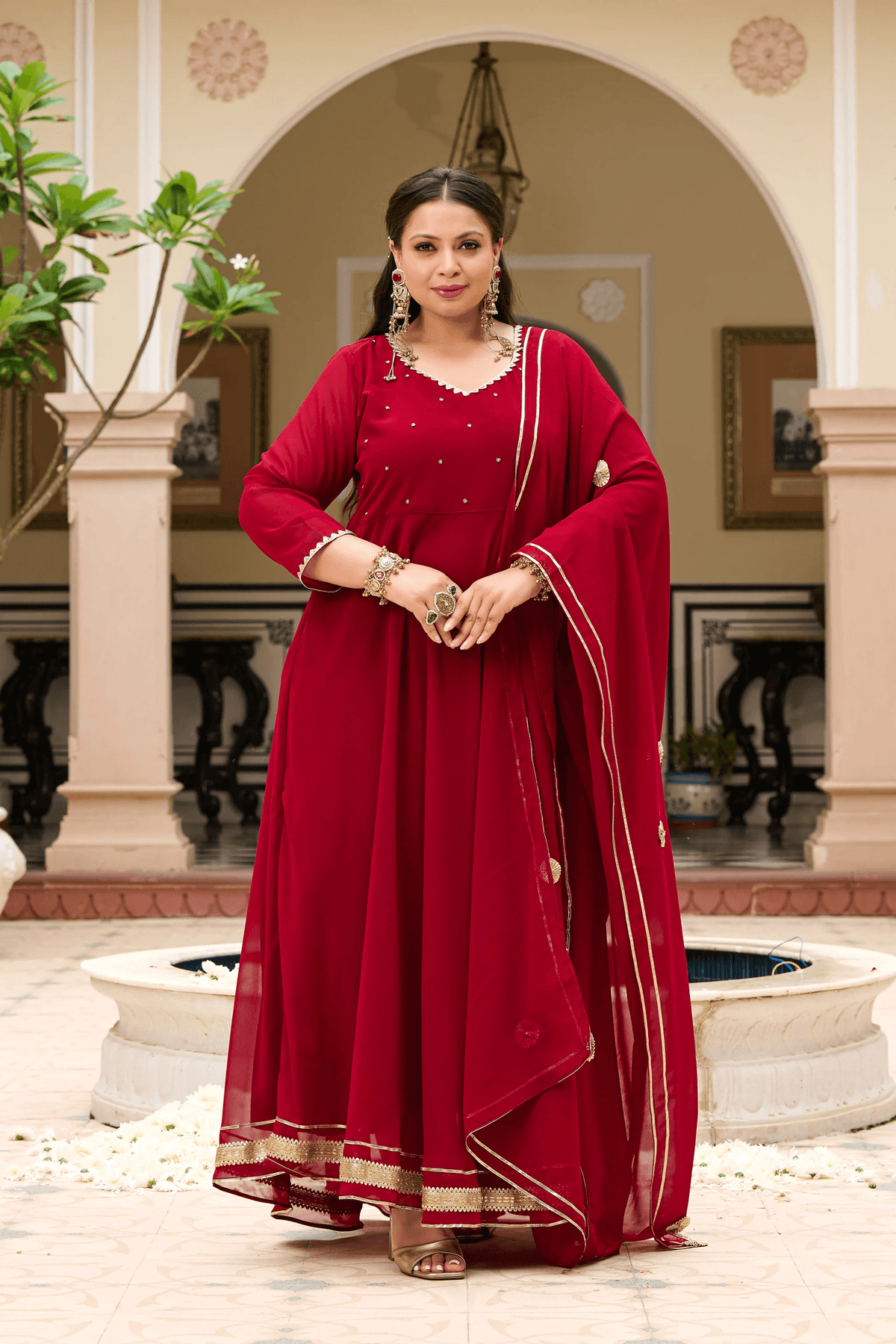 Women Embroidered Zari Georgette Anarkali Kurta with Dupatta