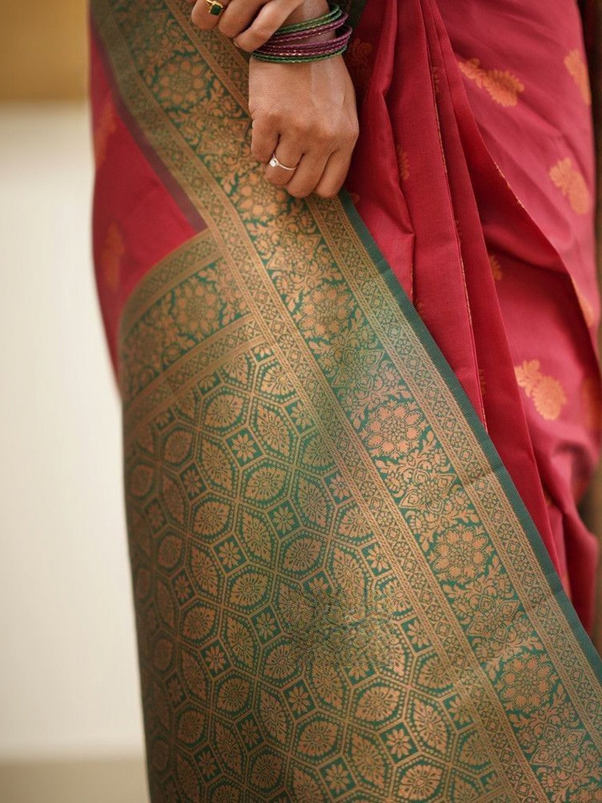 Red Banarasi Jacquard Silk Saree with Zari Woven Border