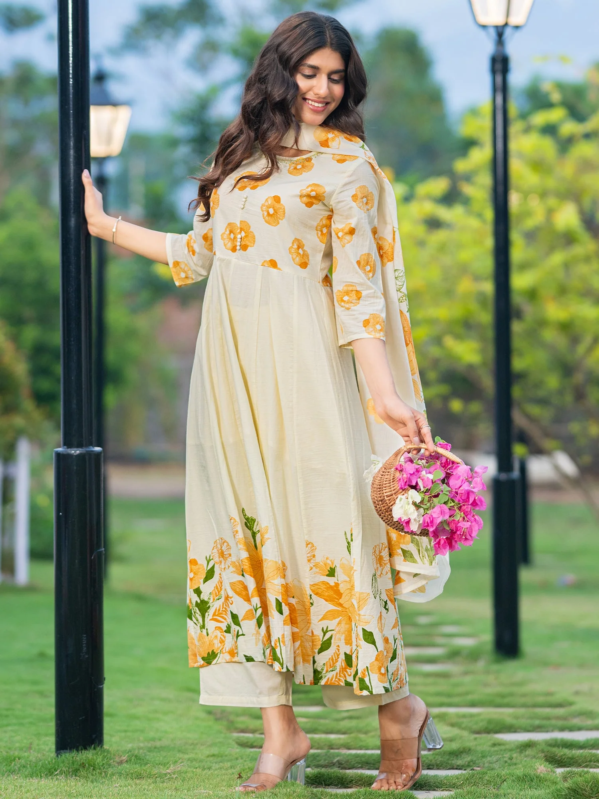 Off White Printed A-Line Kurta Set with Trousers & Dupatta