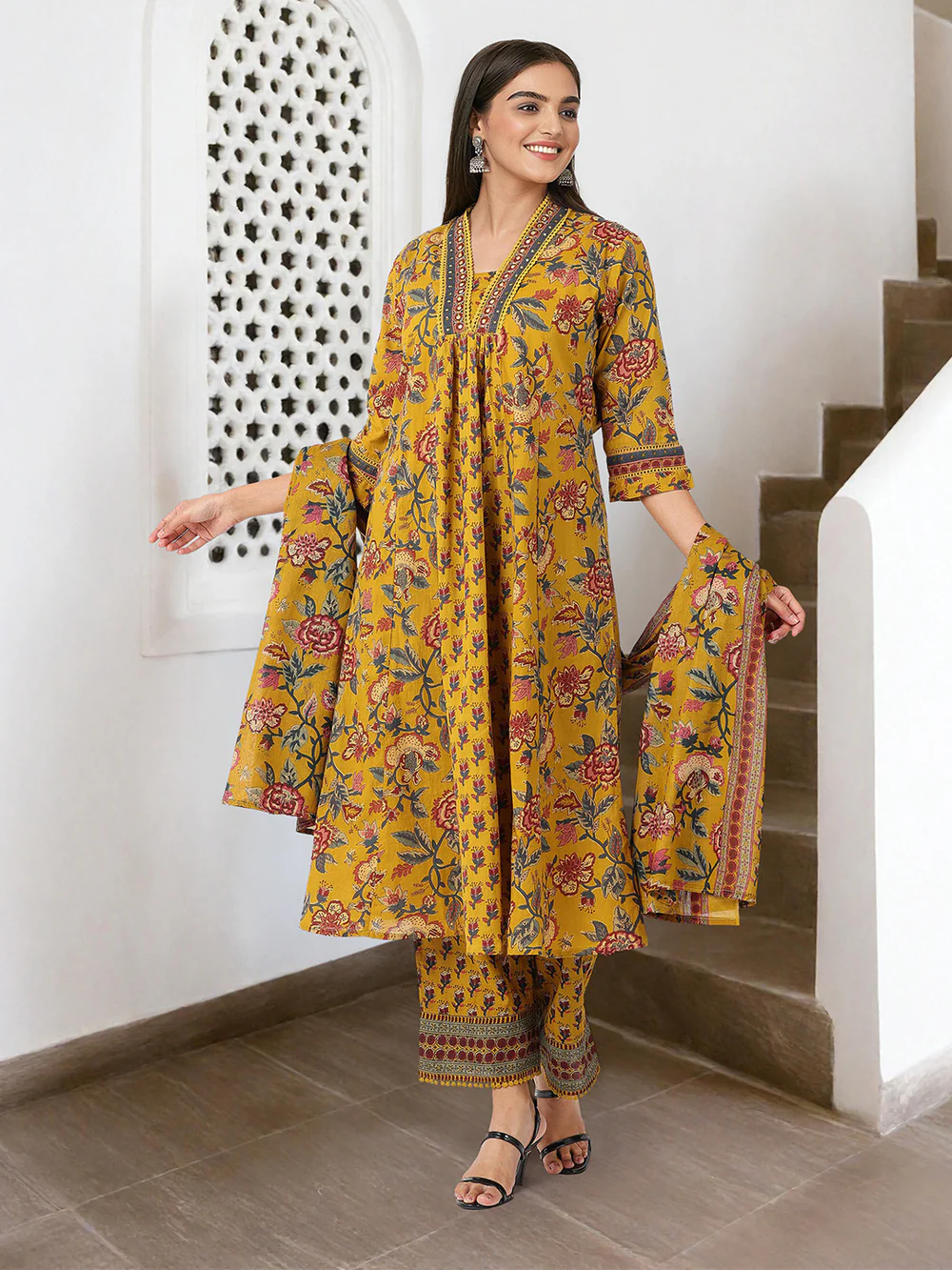 Comfy Mustard Pure Cotton Floral Print Anarkali fit kurta set with dupatta