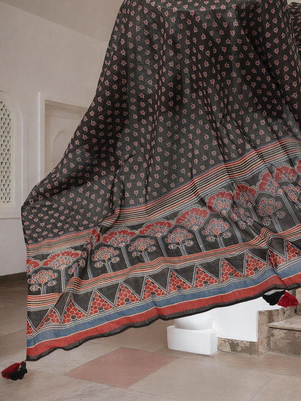 Comfy Black Pure Cotton Ajrakh Print Straight fit kurta set with dupatta