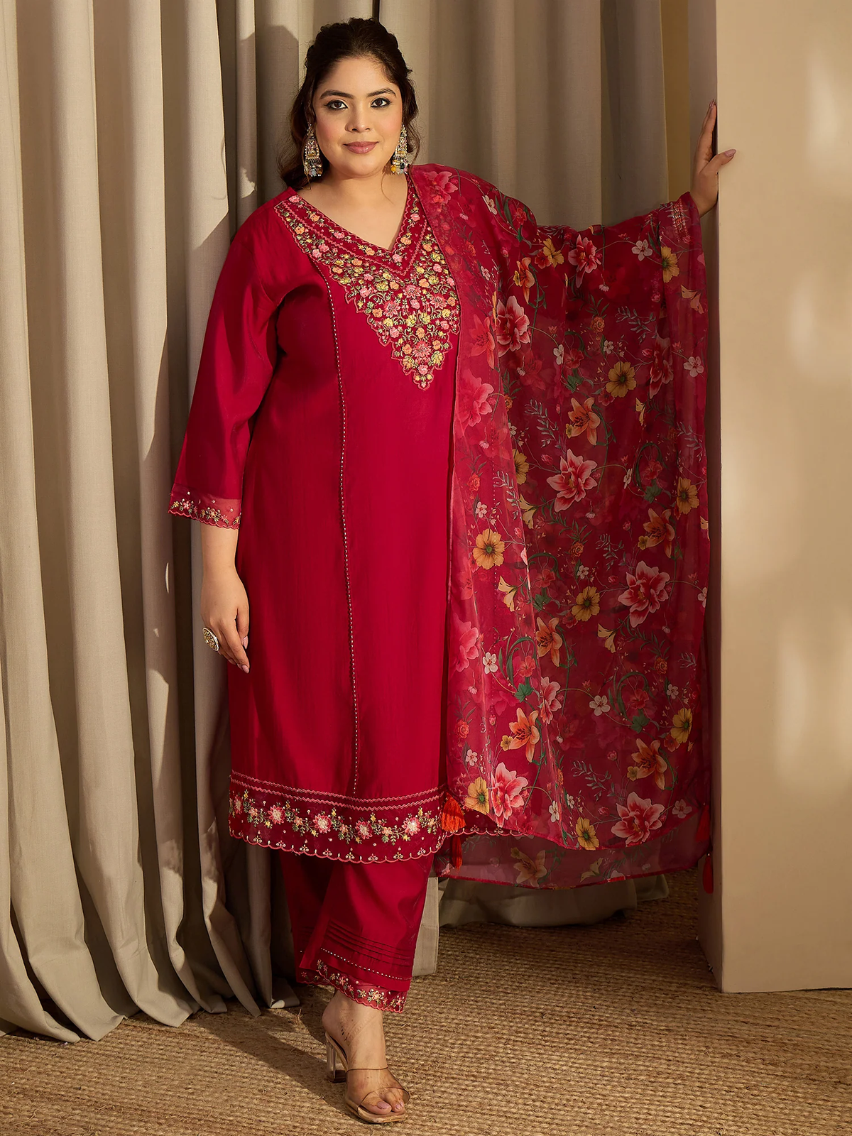 Aromie Plus Size Red Embroidered A-Line Kurta Set with Trousers & Organza Dupatta