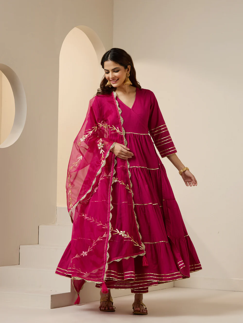 Pink Cotton Gotta Patti Angrakha Kurta Set With Straight Bottom And Dupatta