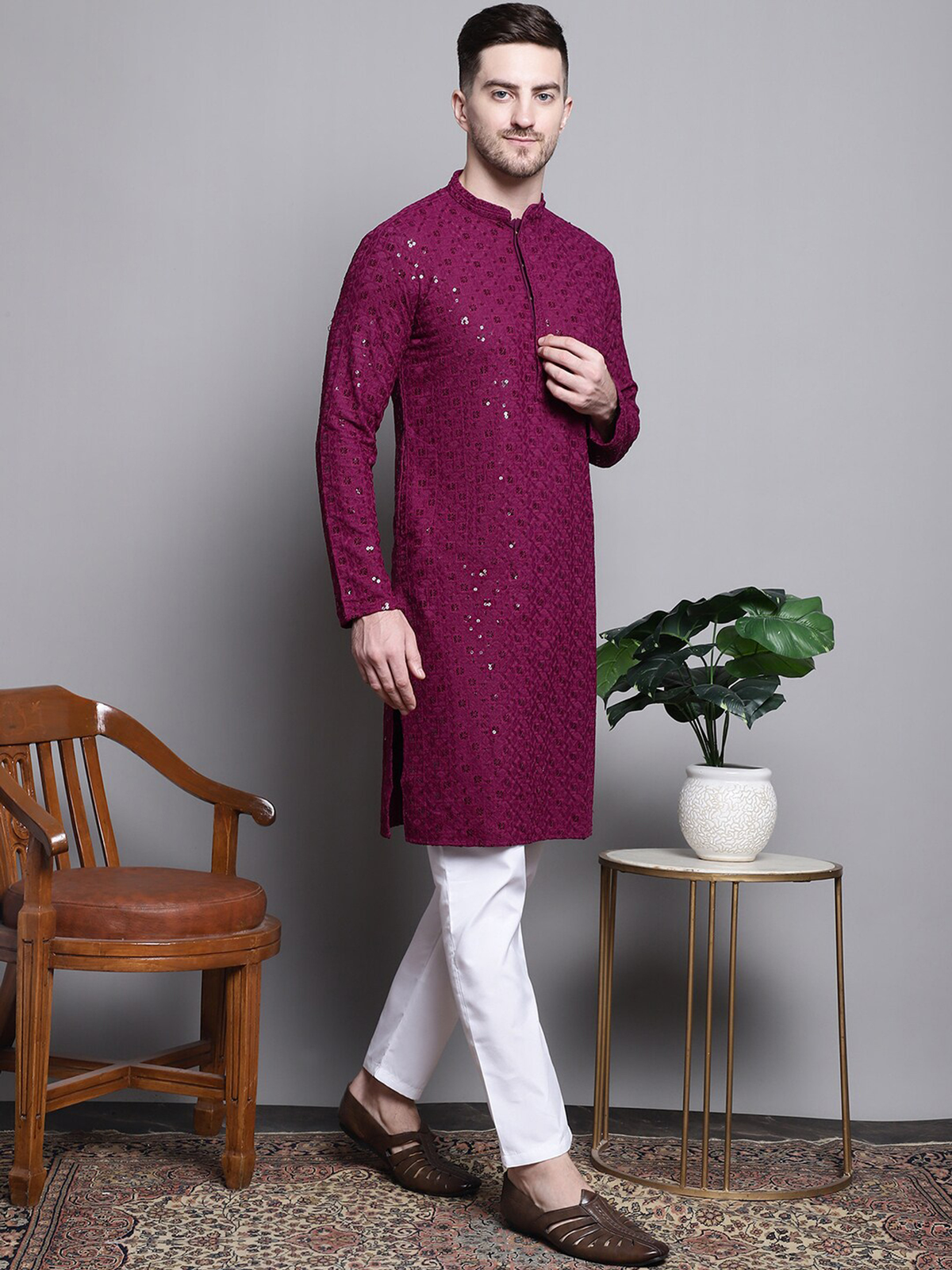 Men’s Purple Embroidered Cotton Kurta AROMIE | Affordable Indian Clothes & Dresses in Canada