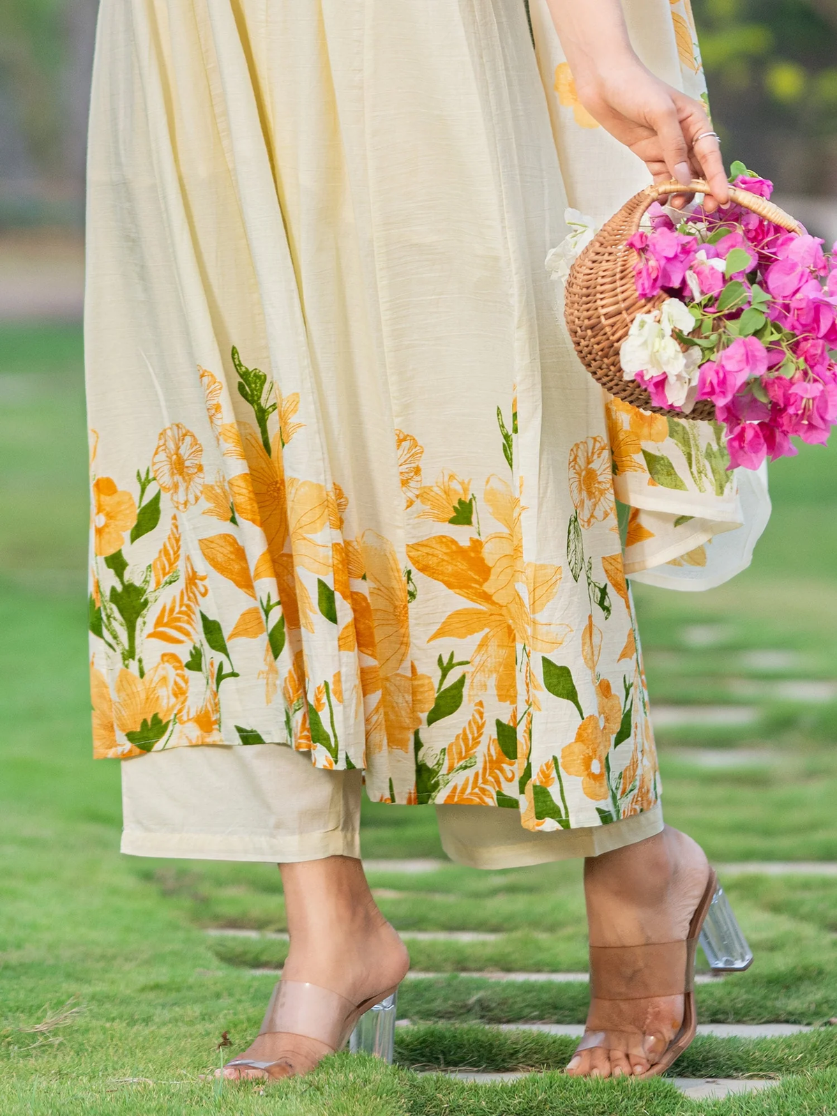 Off White Printed A-Line Kurta Set with Trousers & Dupatta