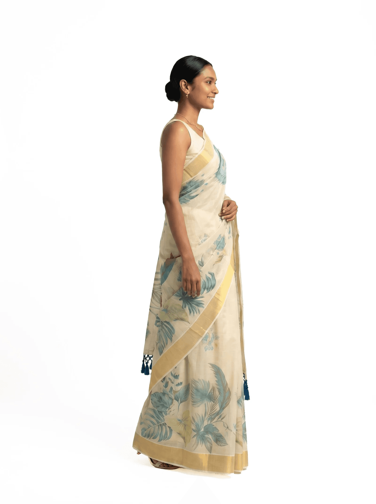 Teal Ikat Diamond Medallion & Tropical Leaf Digital Print, Gold Zari Border & Blue Tassel Pallu