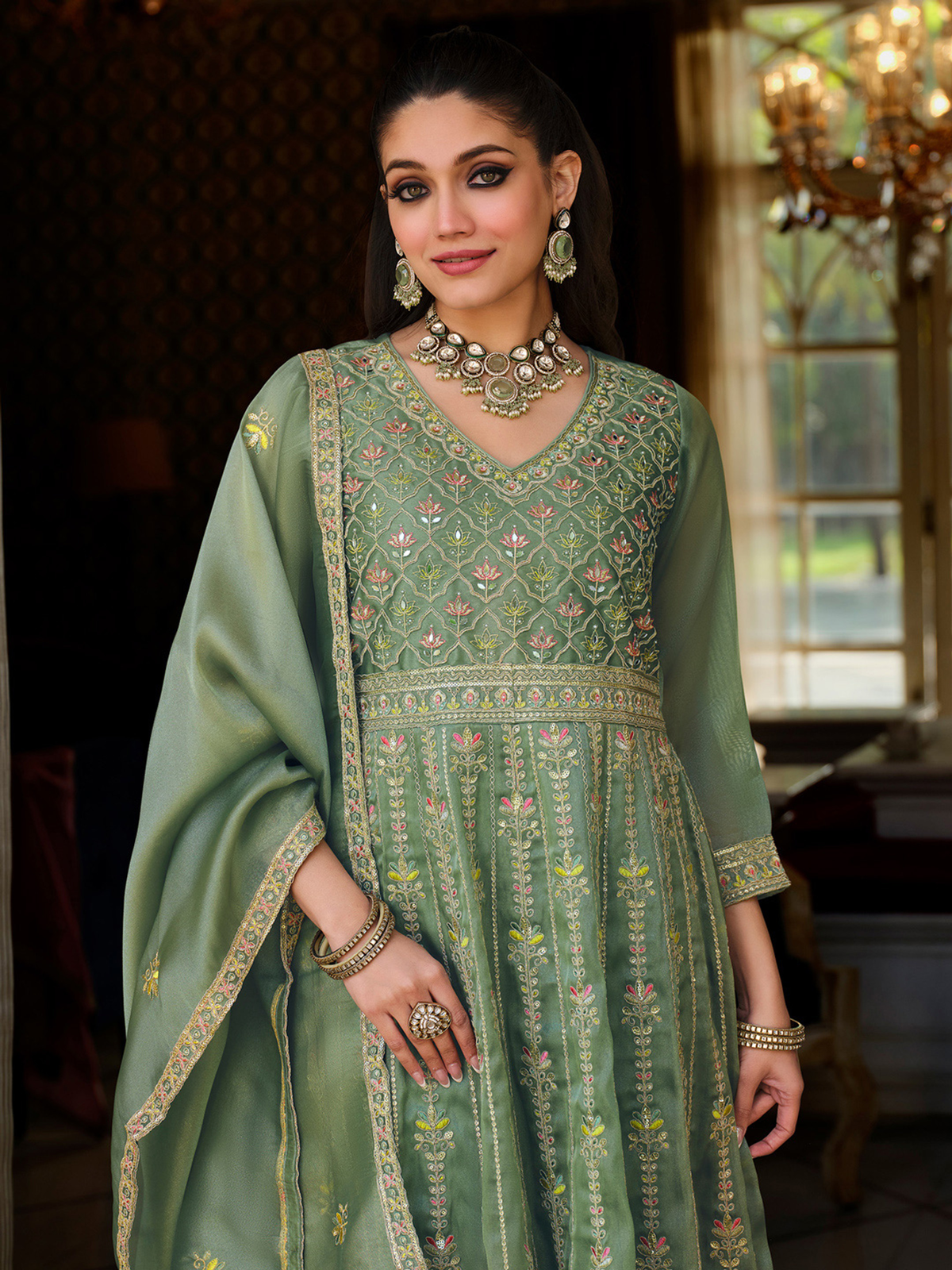Green Embroidered Anarkali Kurta Set with Trousers & Dupatta