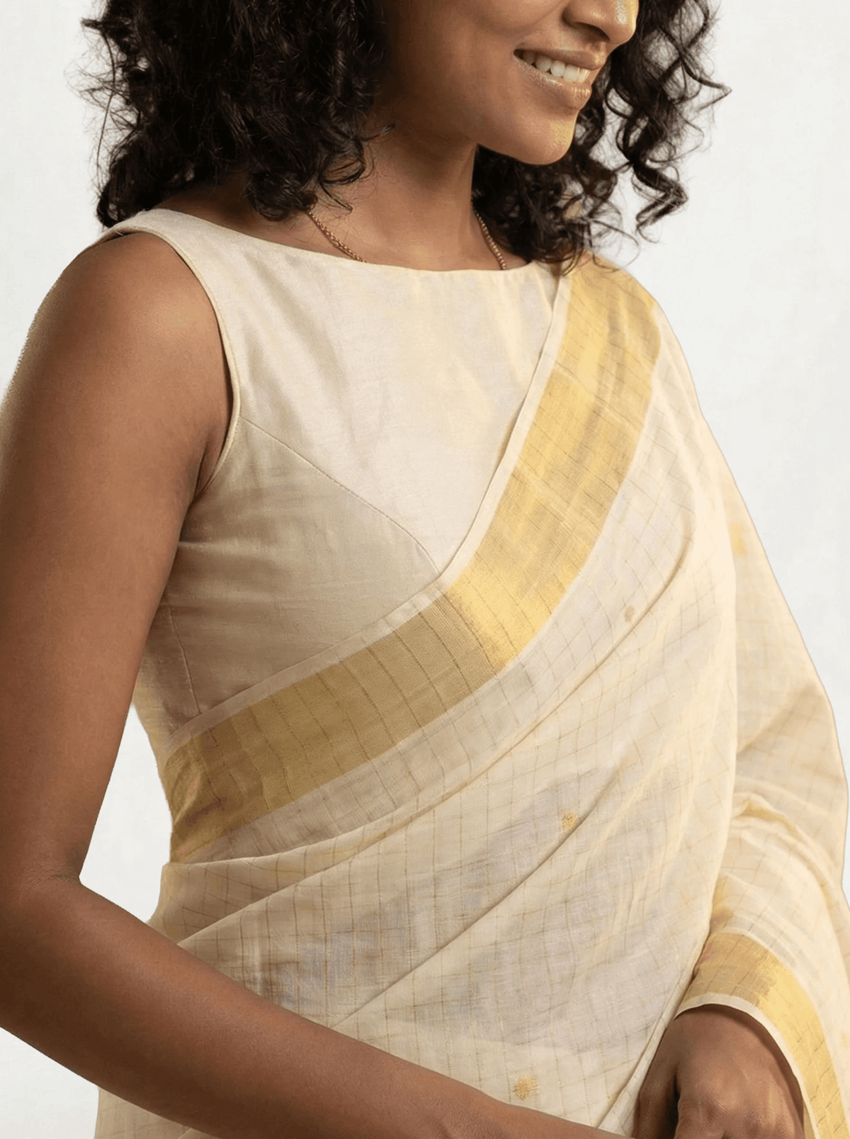Cotton Cream Saree with Small Checked Pattern Set Saree