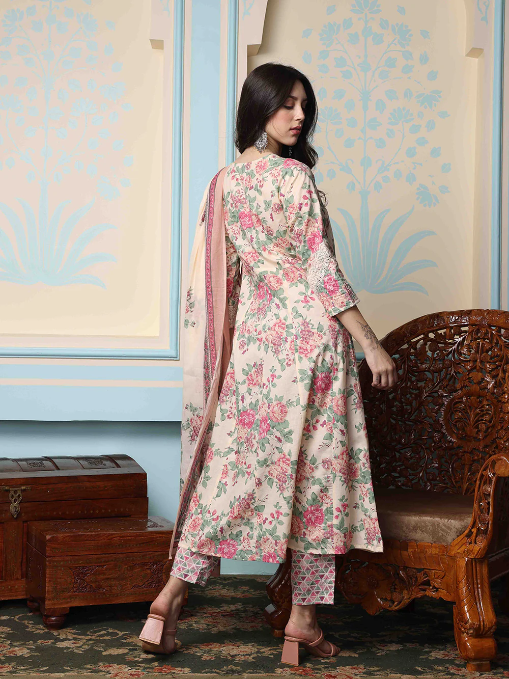 Soft Cotton Cream Floral Printed Anarkali Kurta With Cotton Printed Dupatta & Straight Bottom