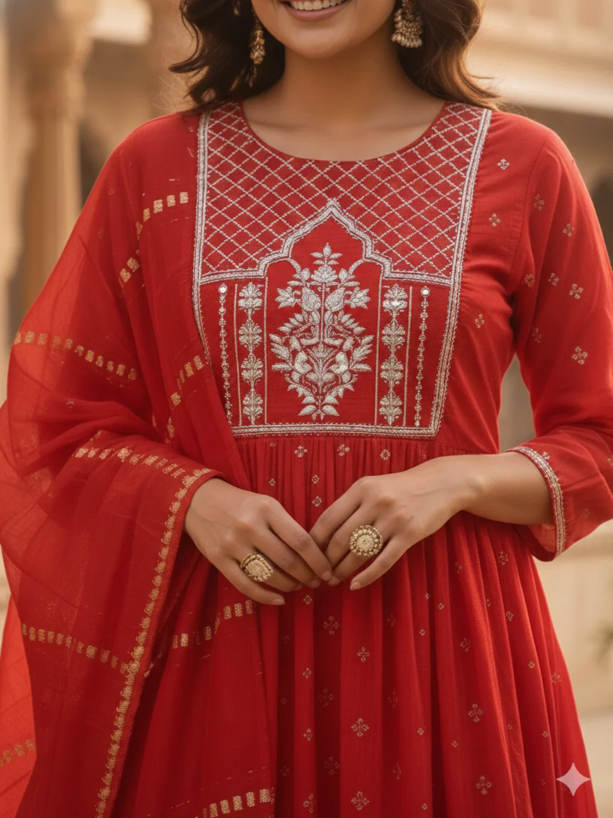Chanderi Embroidered Anarkali Calf Length Kurta and Pant With Dupatta