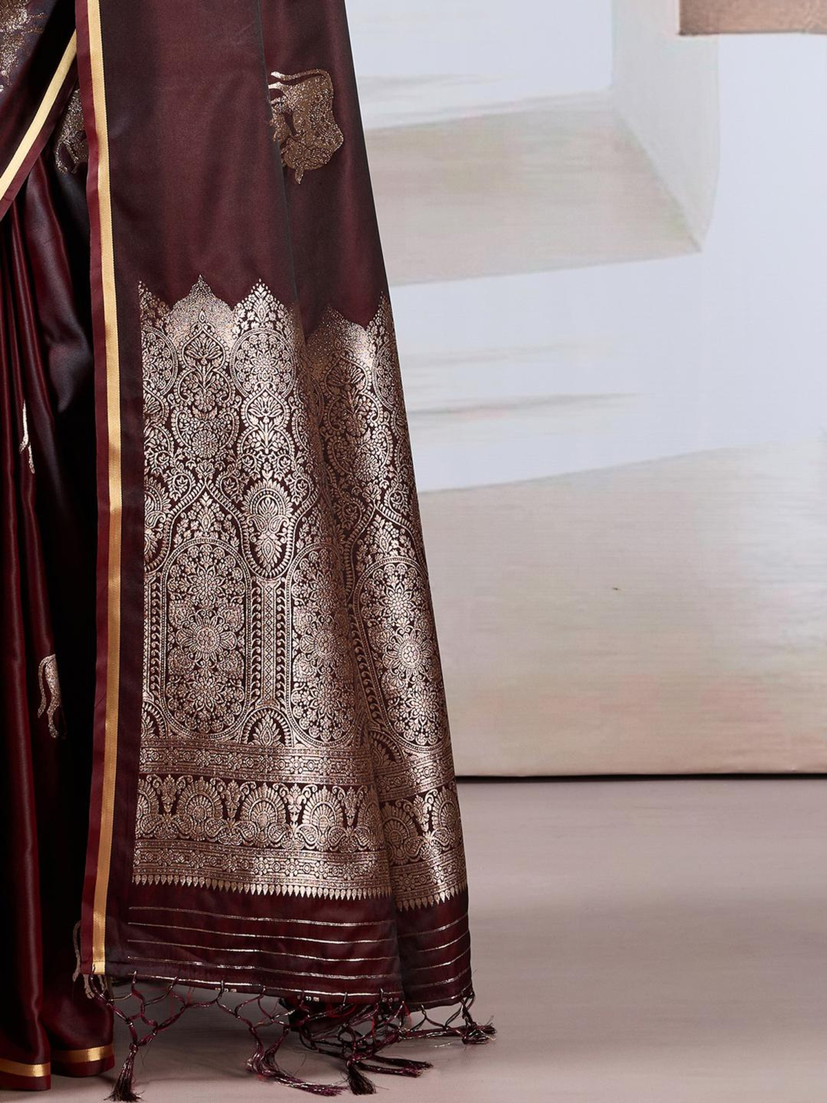 Maroon Banarasi Satin Saree with Ethnic Motif Weave & Zari Border