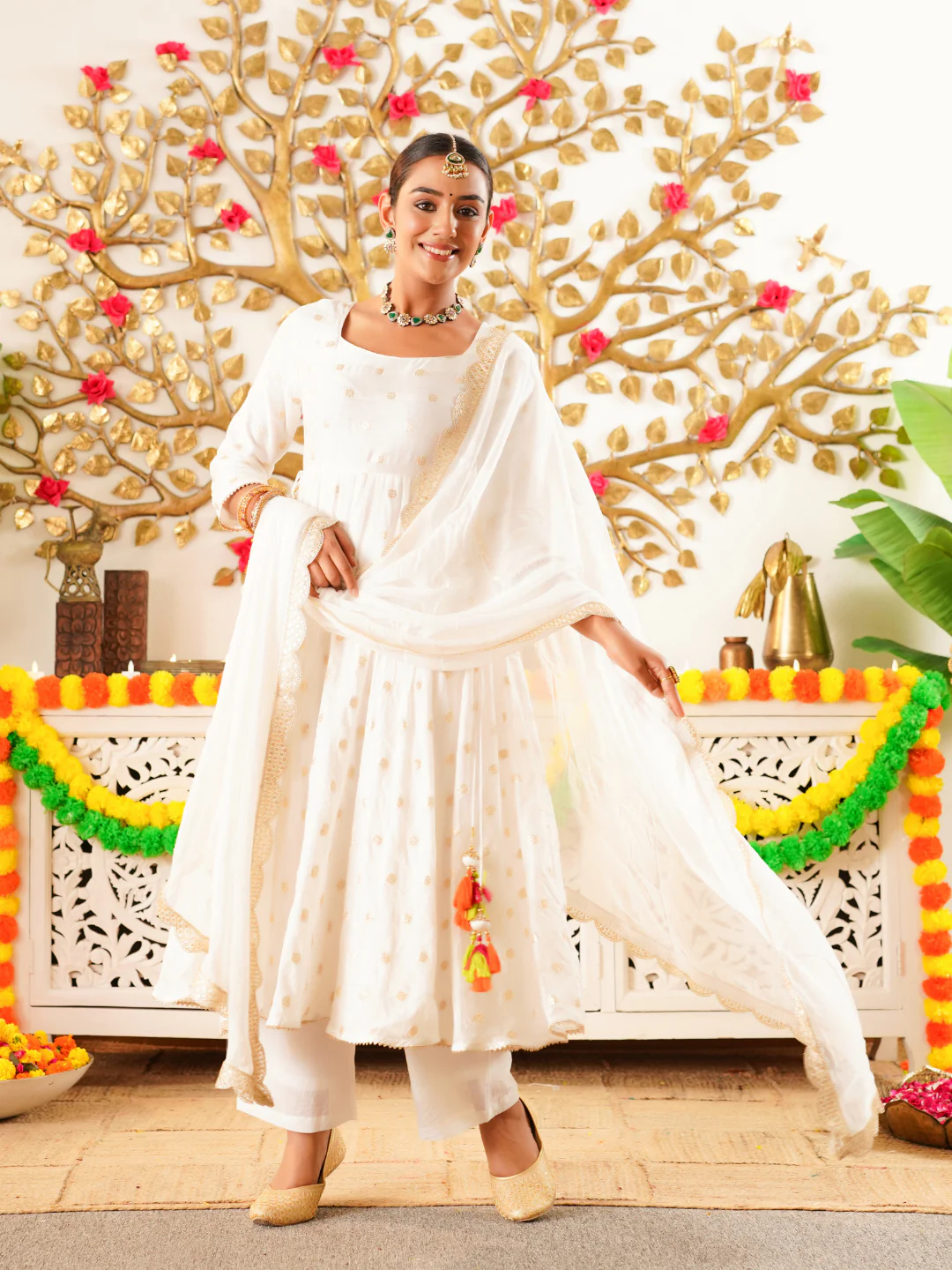 White Chanderi Festive Suit Set with Palazzo & Dupatta