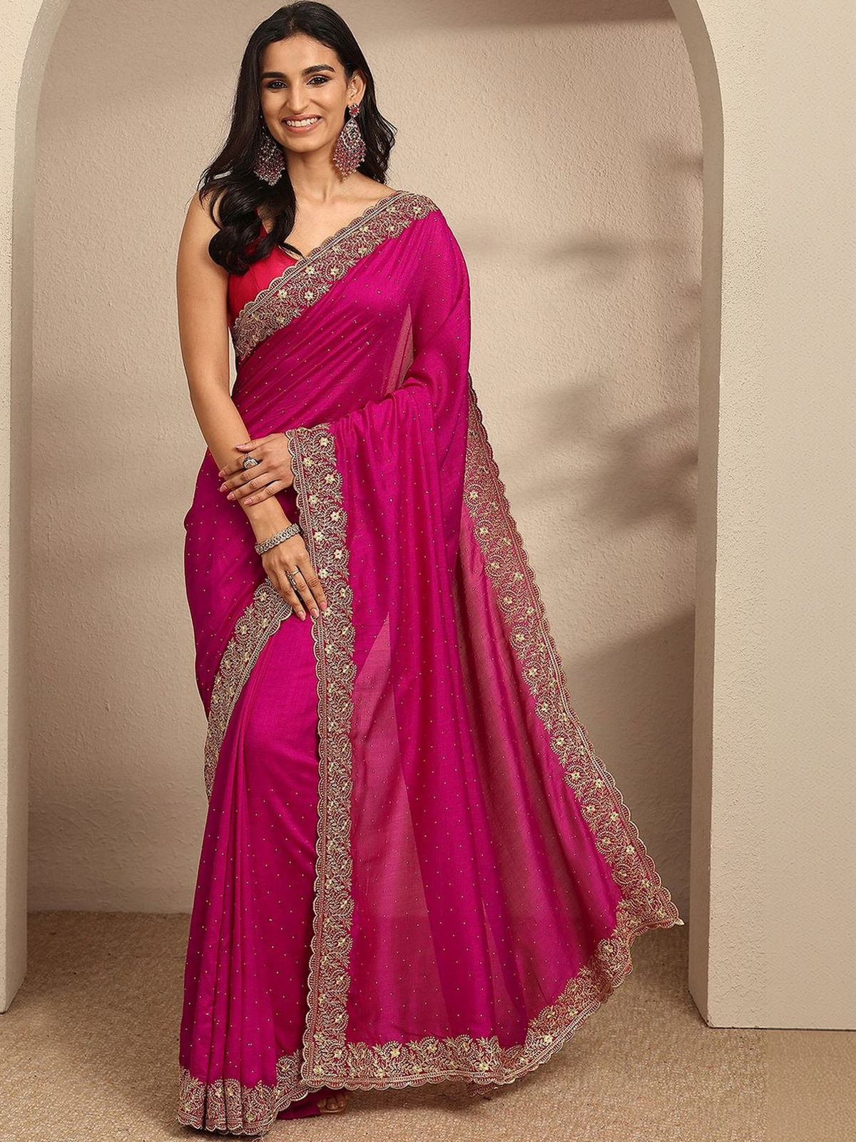 Magenta Silk Blend Saree with Embroidered Border aromie