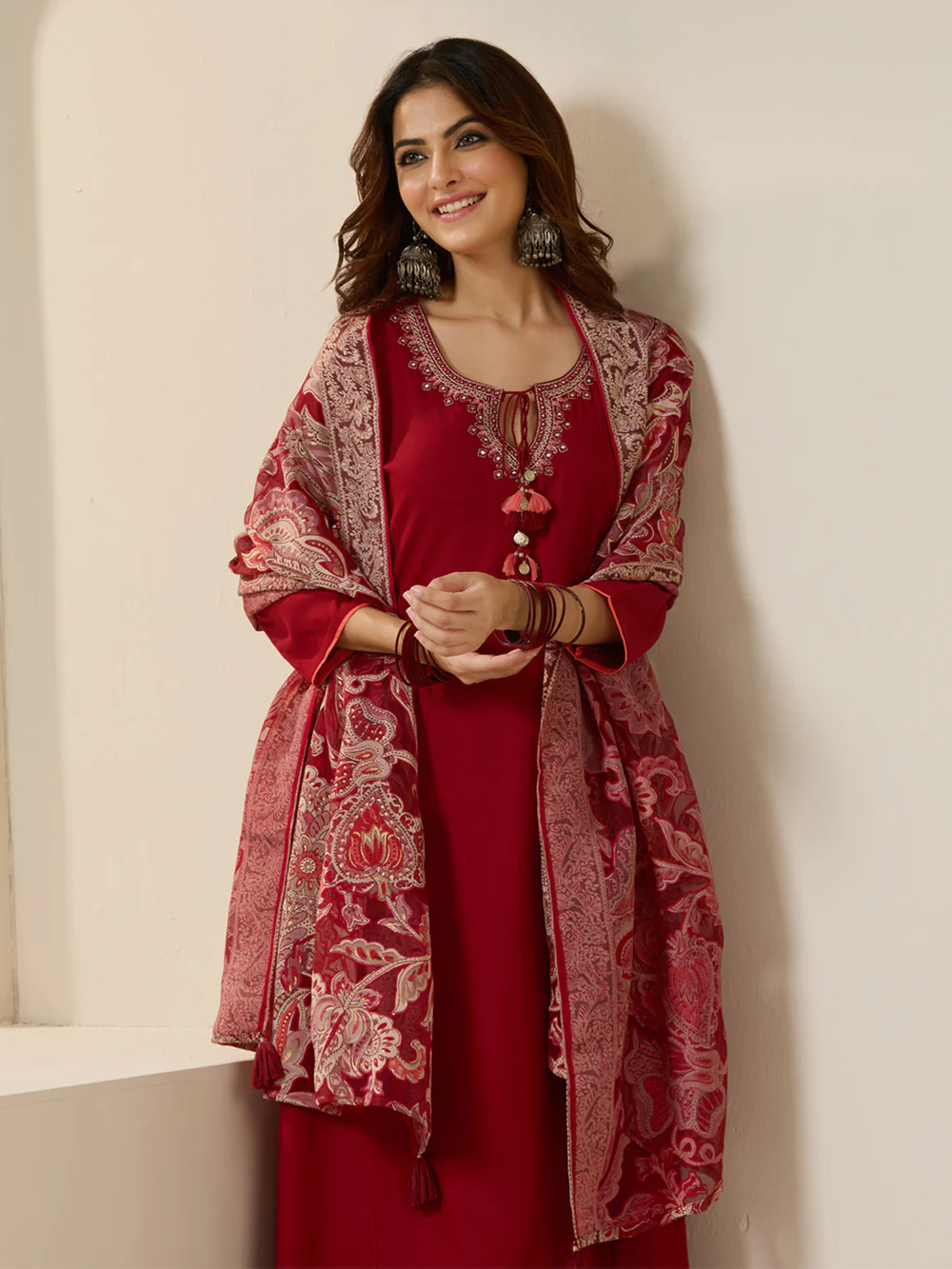 Elegant Maroon Viscose rayon Tieup Neckline Aline kurta set with rich brasso dupatta