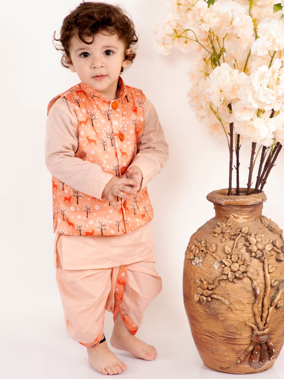 Boys Peach Printed Kurta with Dhoti and Jacket (Set of 3)