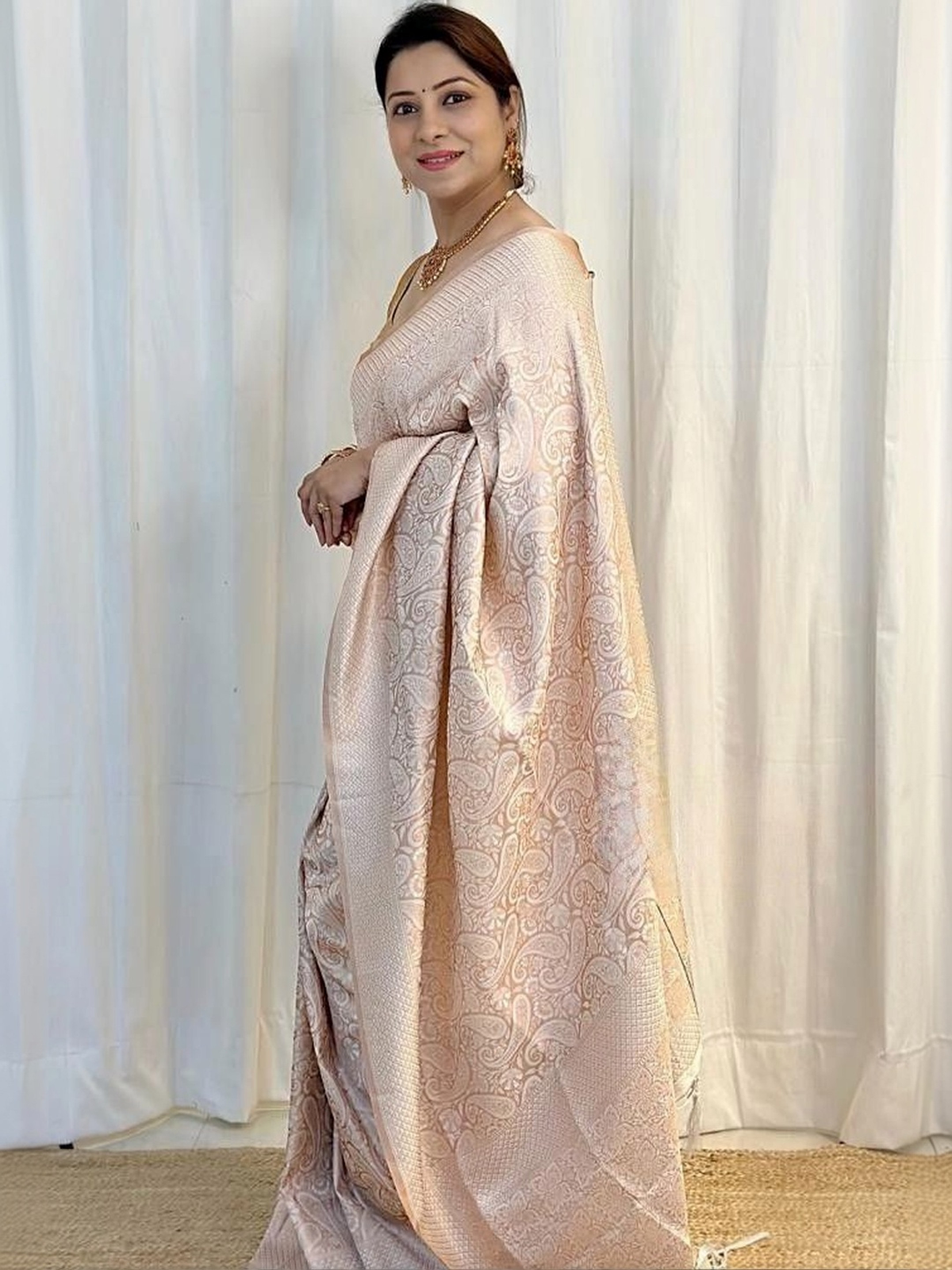 Gold-Toned Solid Art Silk Ready-to-Wear Saree with Boat Neck Blouse
