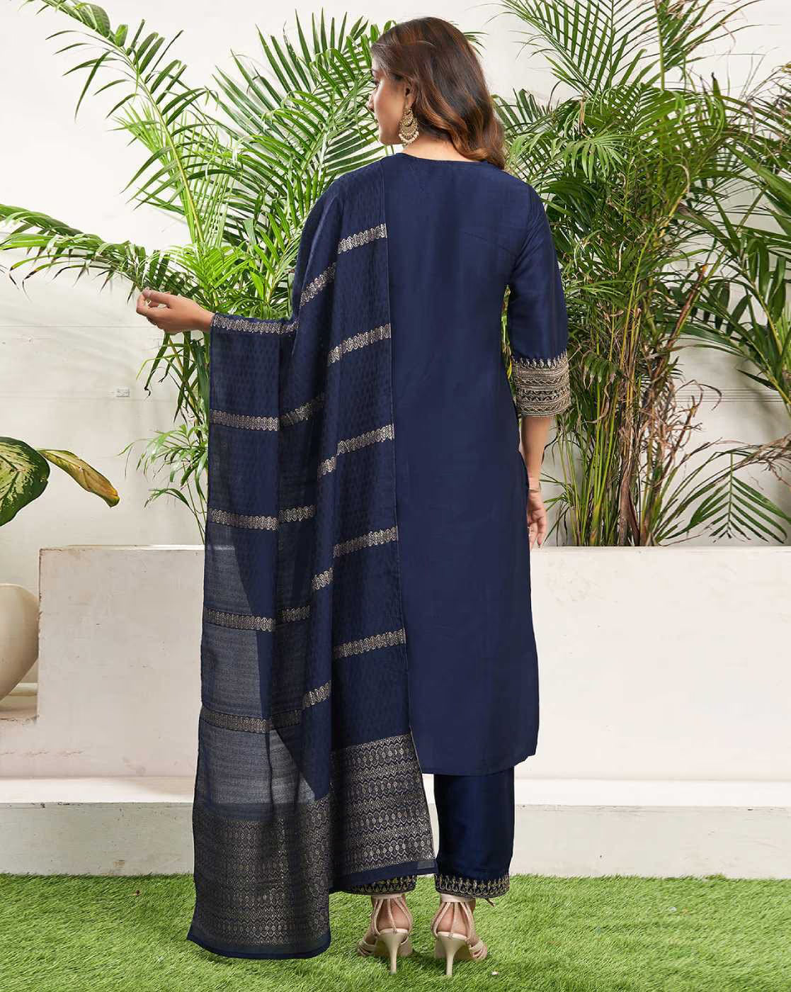 Elegant navy sequined embroidered kurta suit set with detailed embellishments and matching dupatta